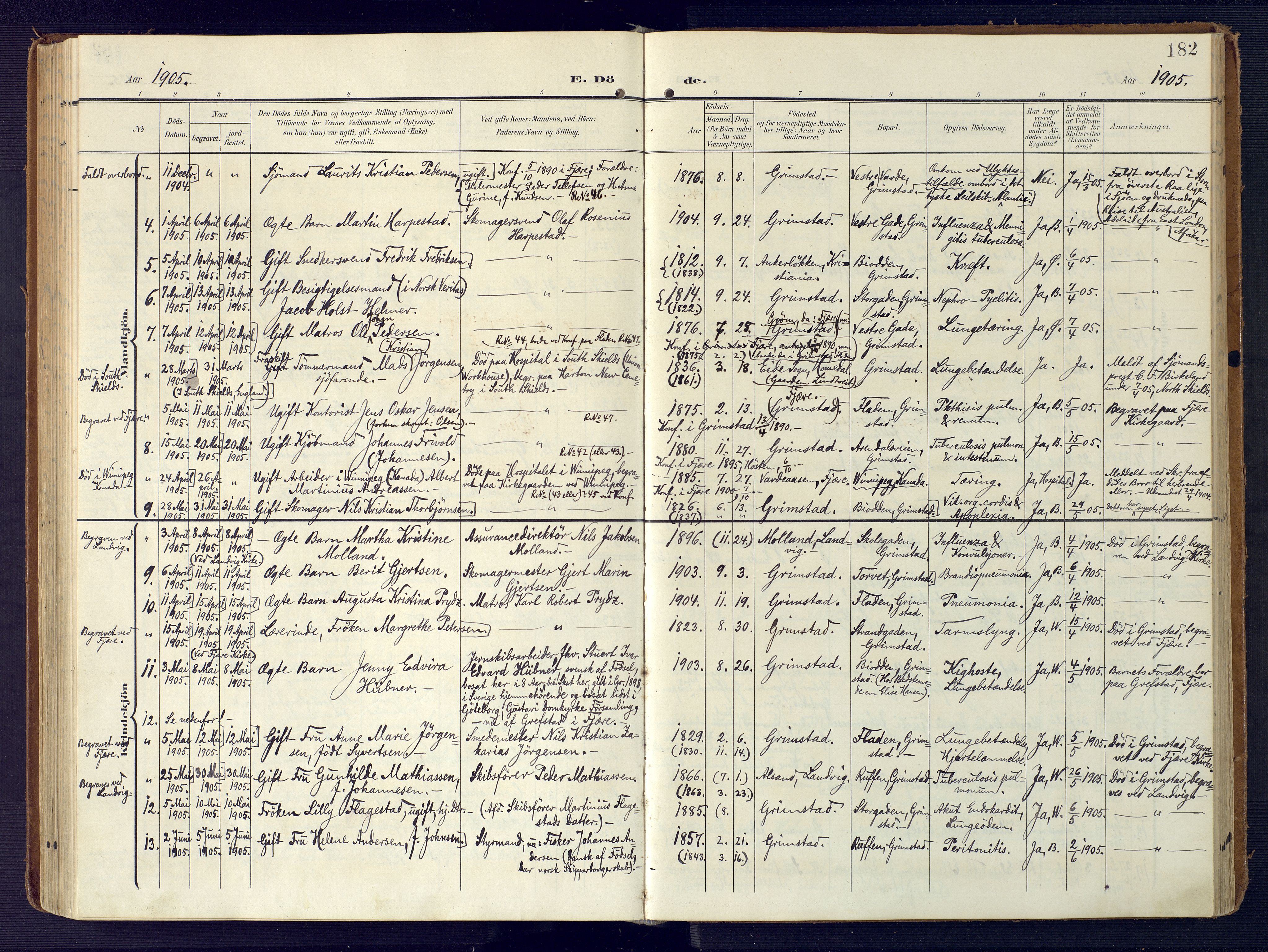 Grimstad sokneprestkontor, SAK/1111-0017/F/Fa/L0005: Parish register (official) no. A 4, 1911-1924, p. 182