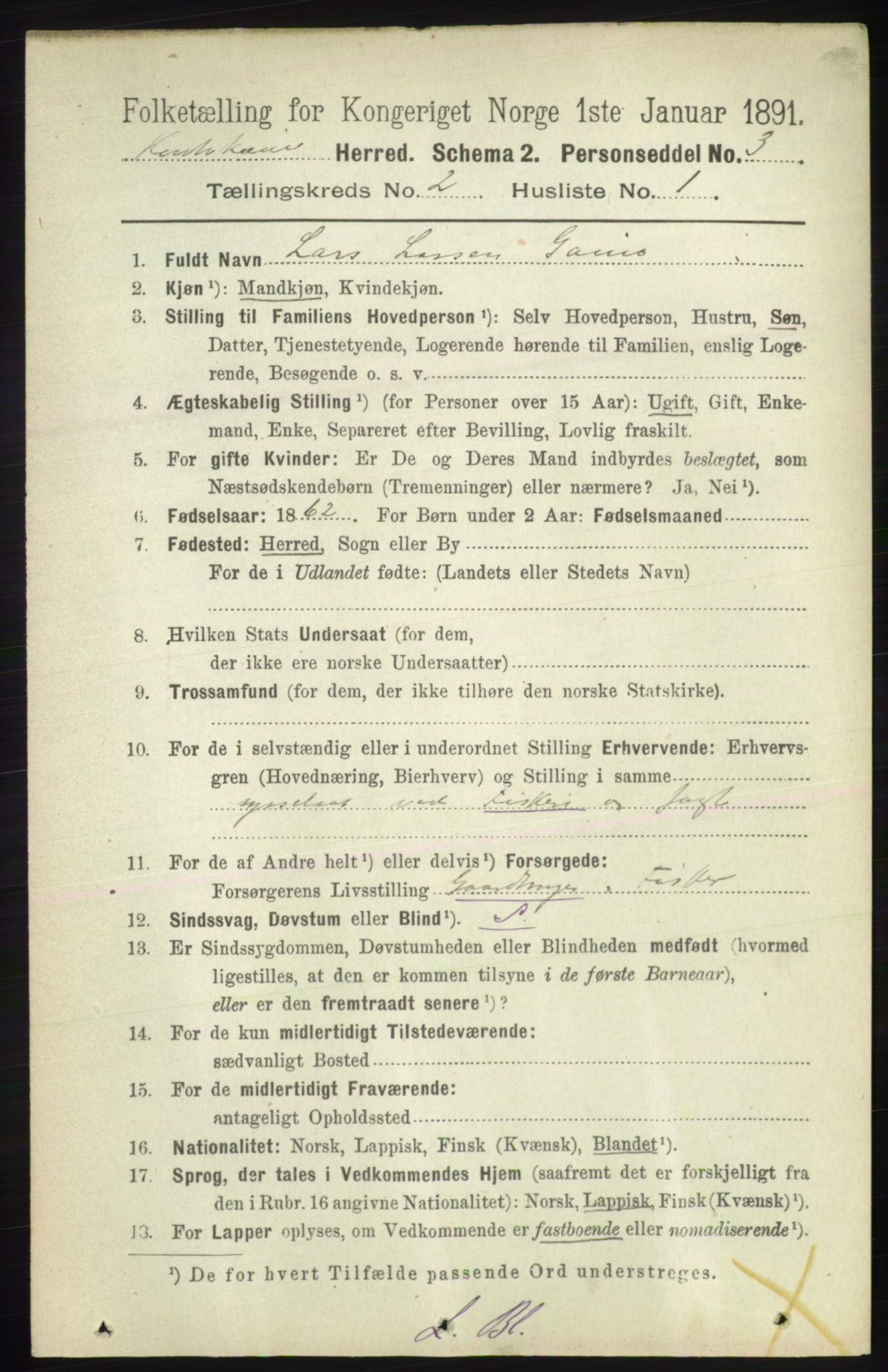 RA, 1891 census for 2011 Kautokeino, 1891, p. 325