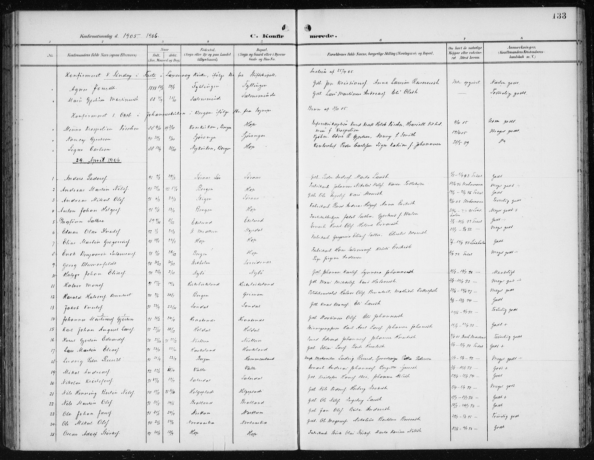 Fana Sokneprestembete, SAB/A-75101/H/Haa/Haai/L0003: Parish register (official) no. I 3, 1900-1912, p. 133