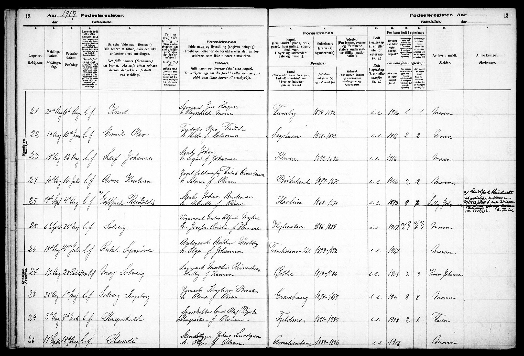 Østre Aker prestekontor Kirkebøker, AV/SAO-A-10840/J/Jb/L0001: Birth register no. II 1, 1916-1932, p. 13