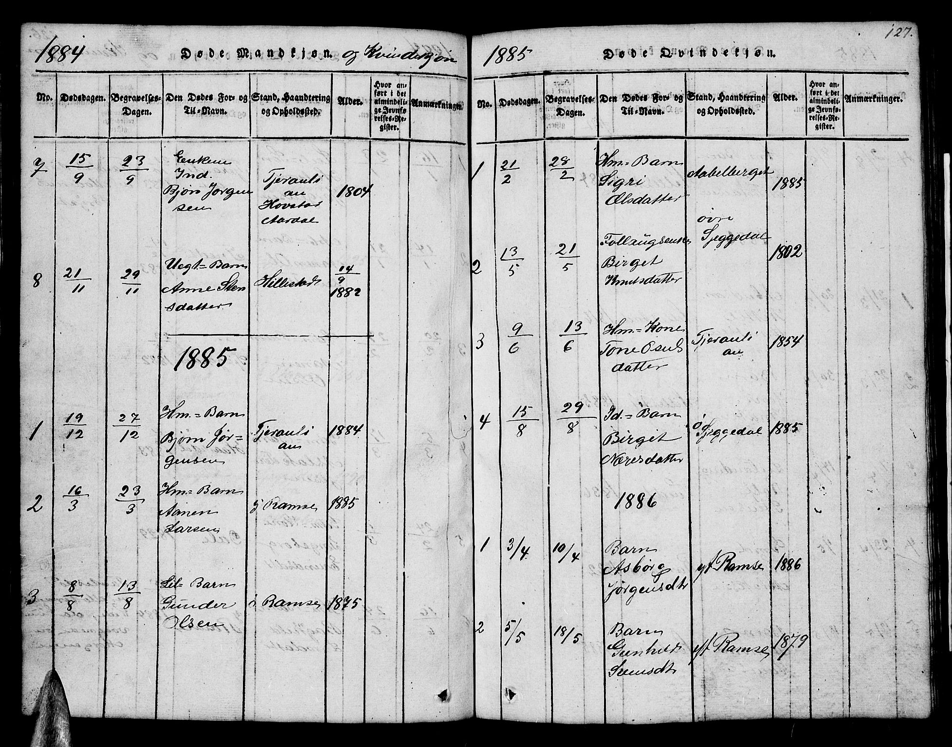 Åmli sokneprestkontor, AV/SAK-1111-0050/F/Fb/Fbb/L0001: Parish register (copy) no. B 1, 1816-1889, p. 127