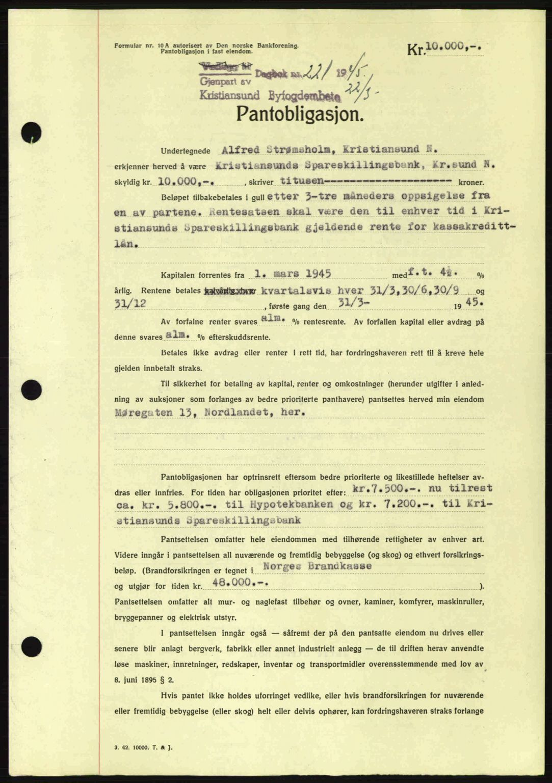 Kristiansund byfogd, SAT/A-4587/A/27: Mortgage book no. 37-38, 1943-1945, Diary no: : 221/1945