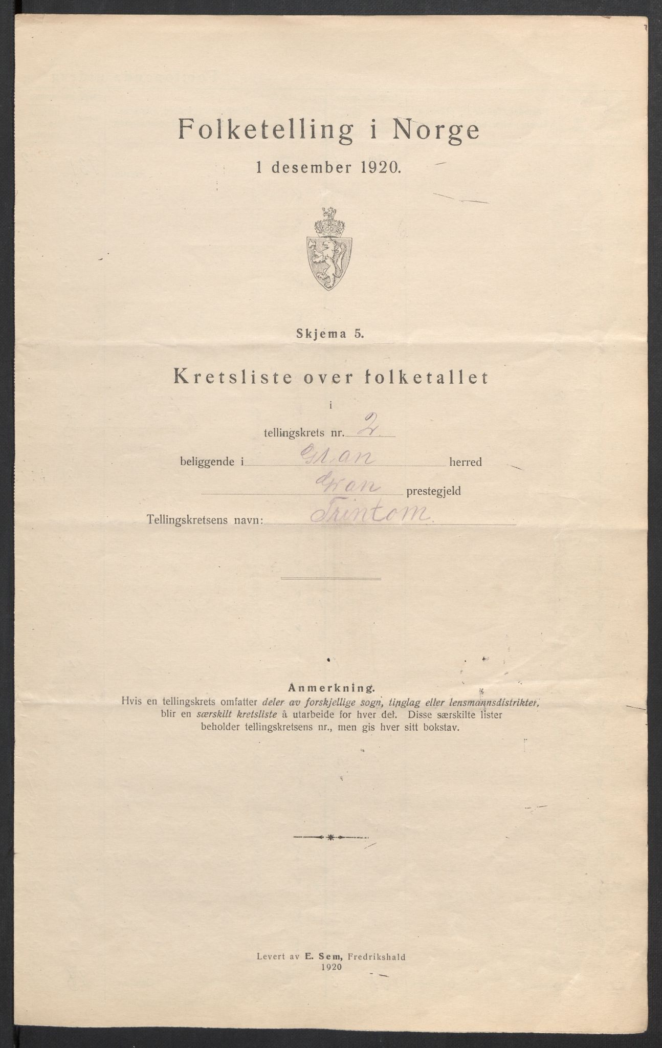 SAH, 1920 census for Gran, 1920, p. 17