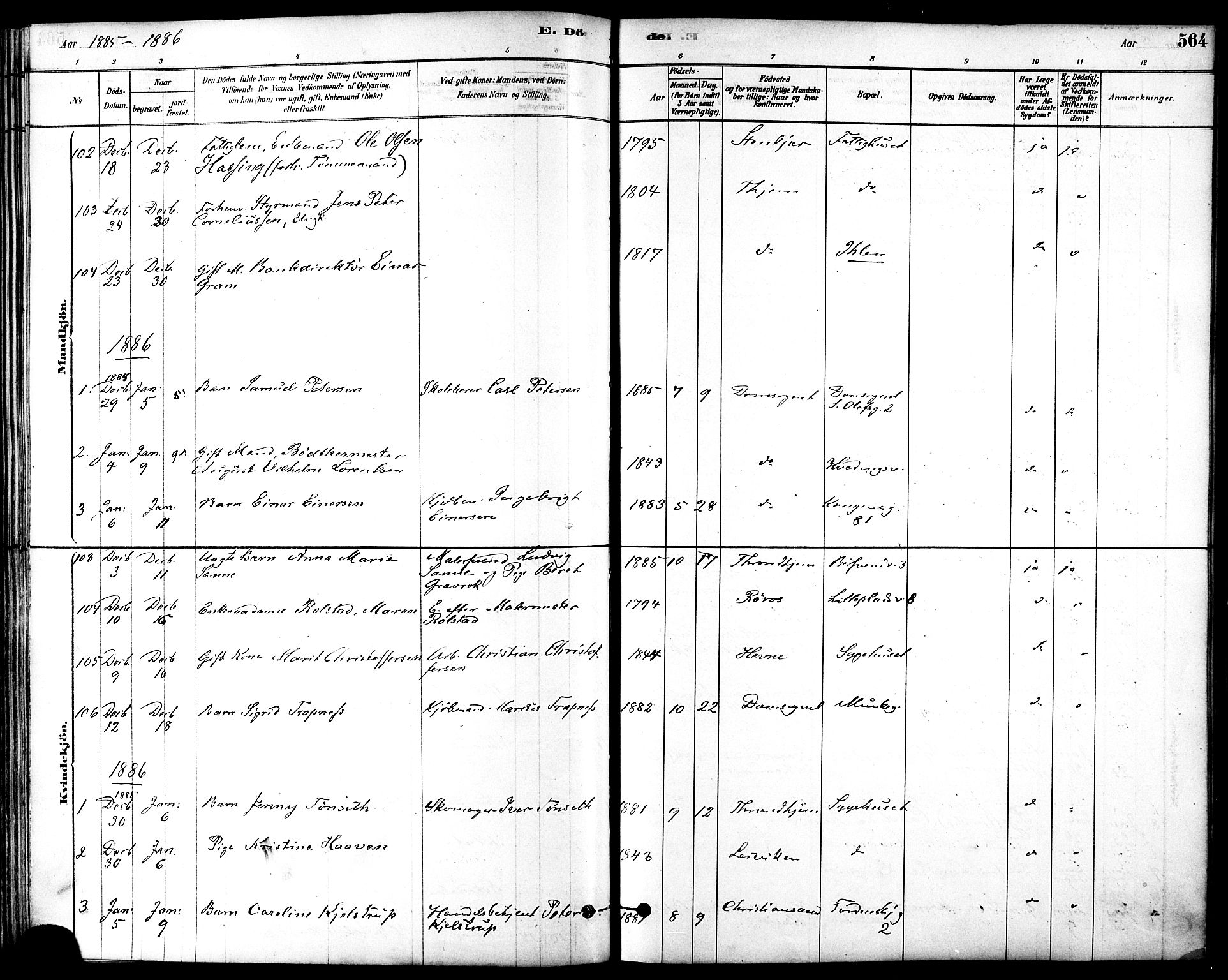 Ministerialprotokoller, klokkerbøker og fødselsregistre - Sør-Trøndelag, SAT/A-1456/601/L0058: Parish register (official) no. 601A26, 1877-1891, p. 564