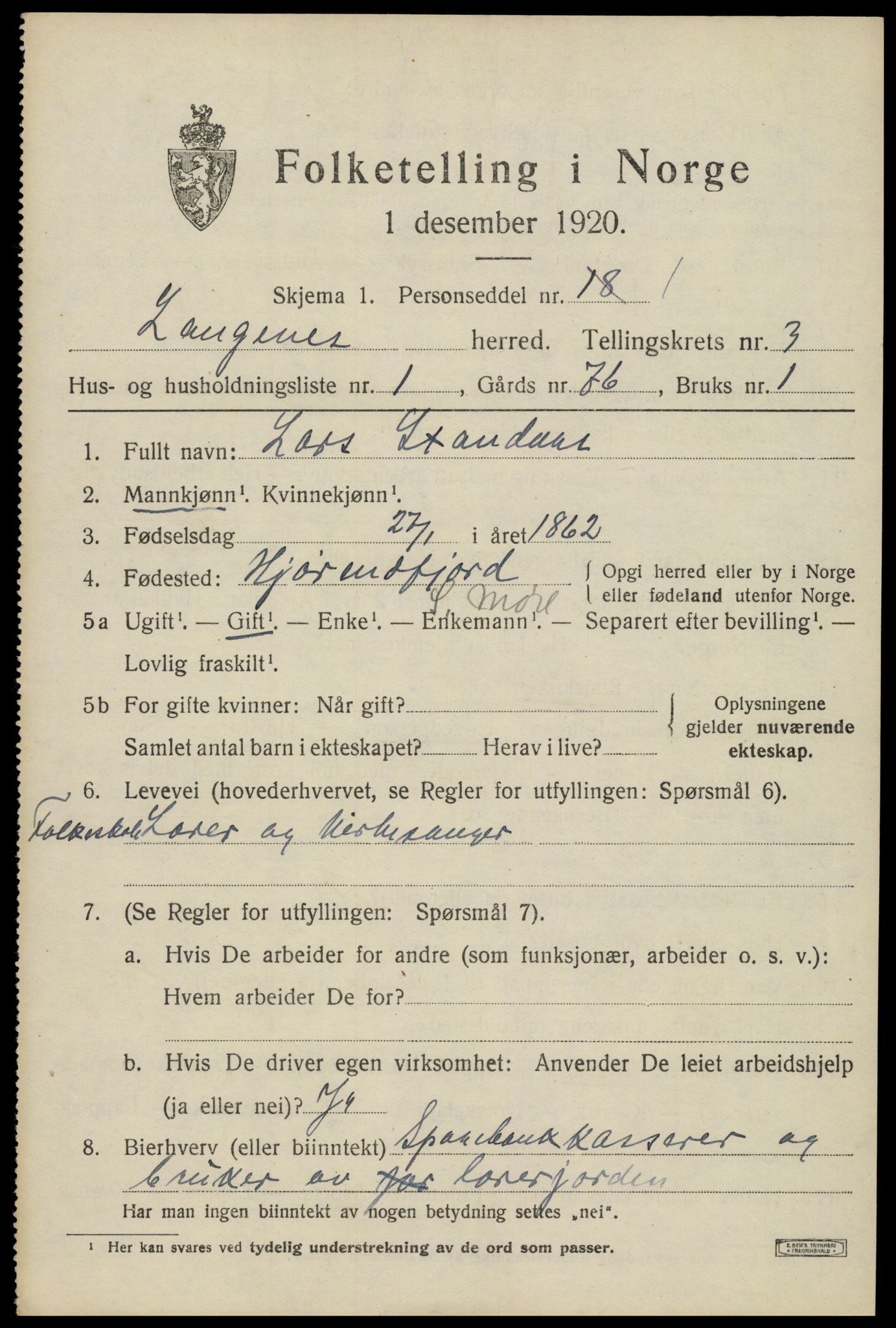 SAT, 1920 census for Langenes, 1920, p. 1146