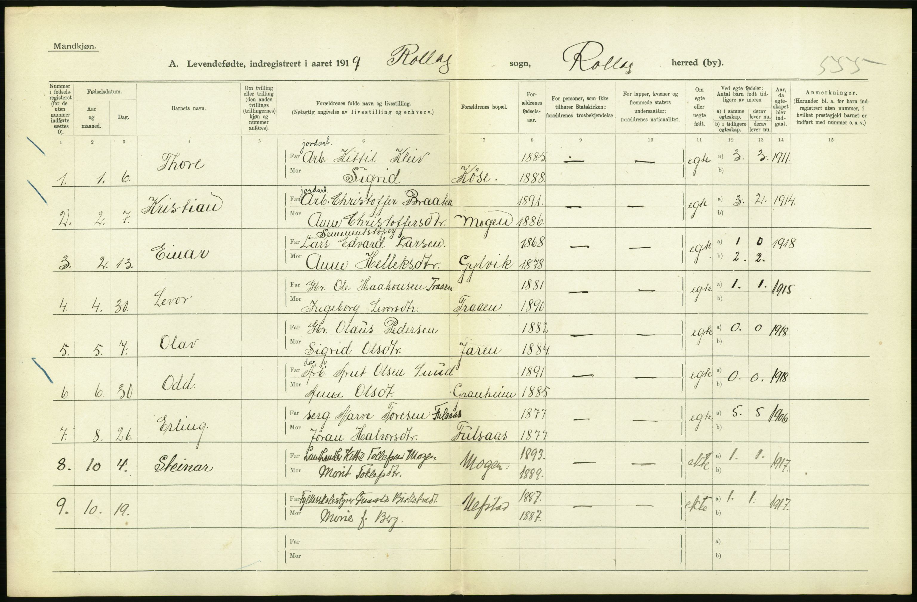 Statistisk sentralbyrå, Sosiodemografiske emner, Befolkning, RA/S-2228/D/Df/Dfb/Dfbi/L0016: Buskerud fylke: Levendefødte menn og kvinner. Bygder., 1919, p. 268