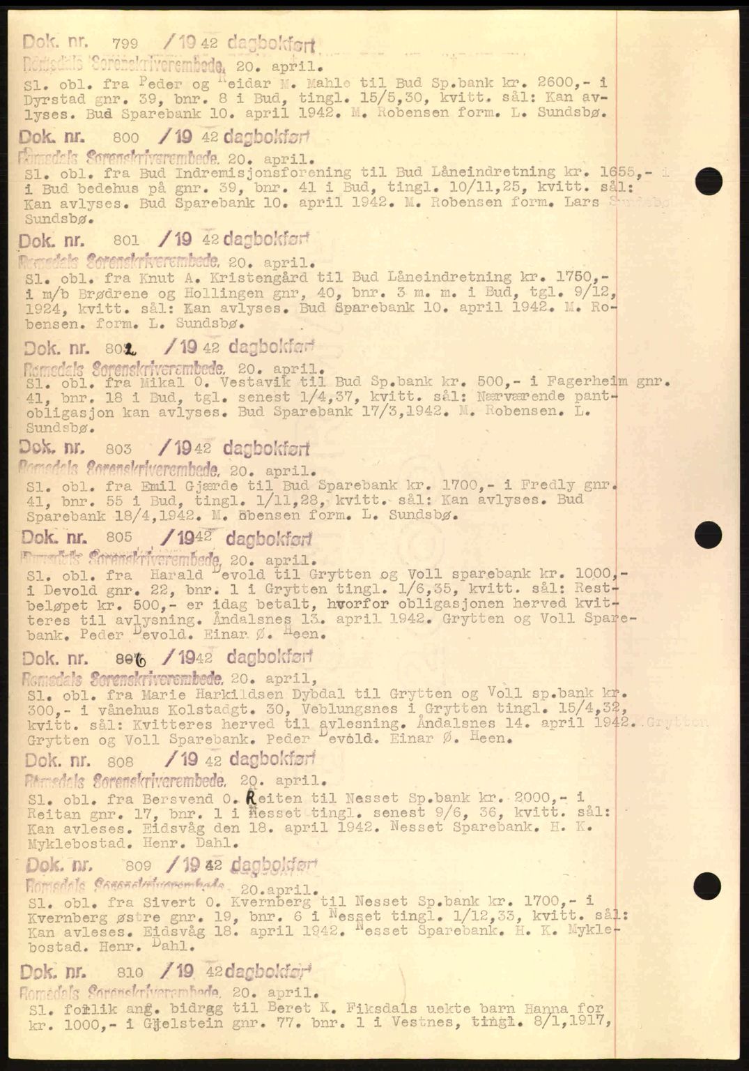 Romsdal sorenskriveri, AV/SAT-A-4149/1/2/2C: Mortgage book no. C1a, 1936-1945, Diary no: : 799/1942