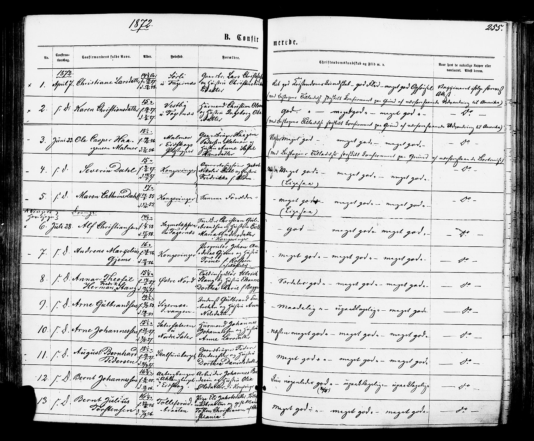 Vinger prestekontor, SAH/PREST-024/H/Ha/Haa/L0012: Parish register (official) no. 12, 1871-1880, p. 255
