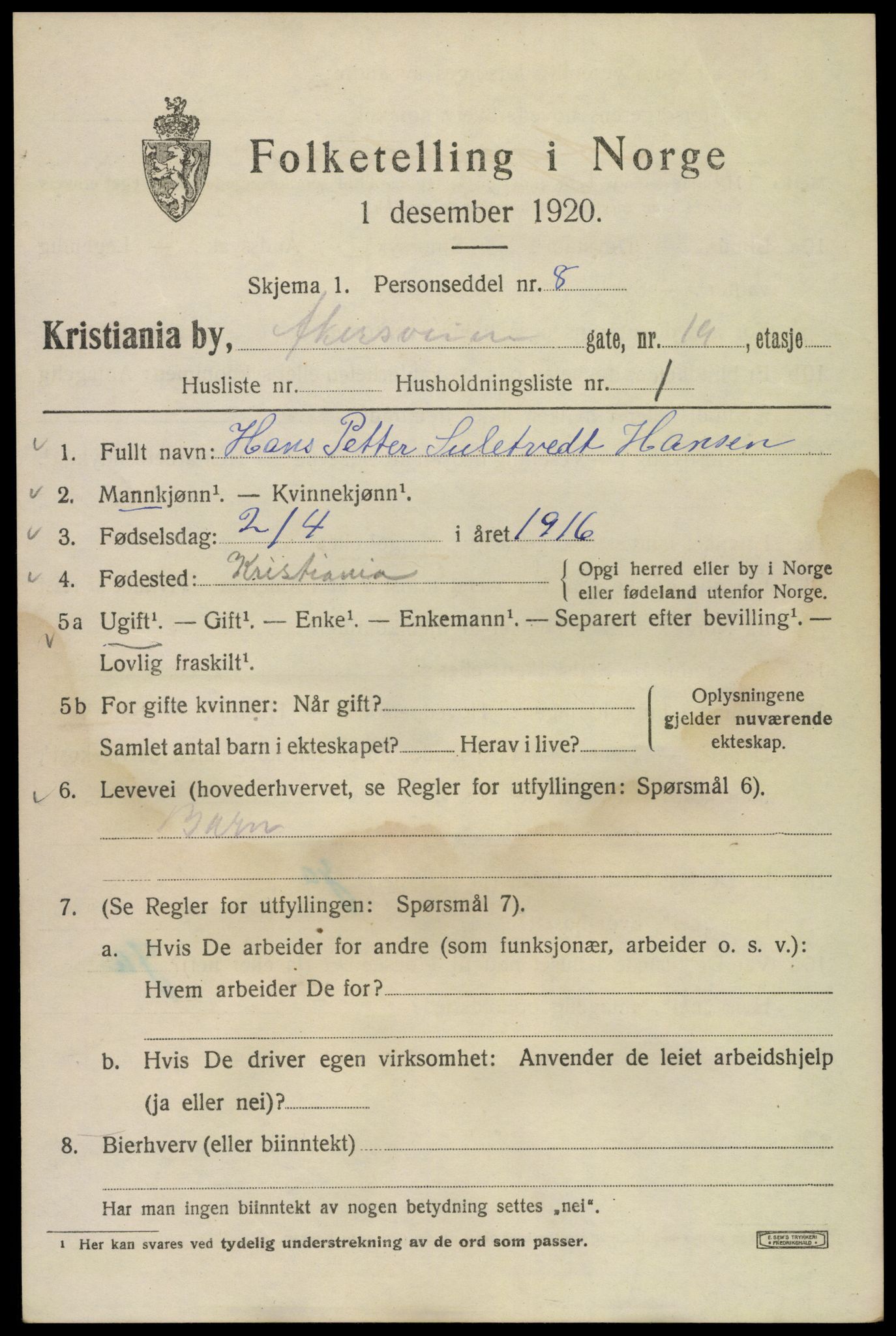 SAO, 1920 census for Kristiania, 1920, p. 140593