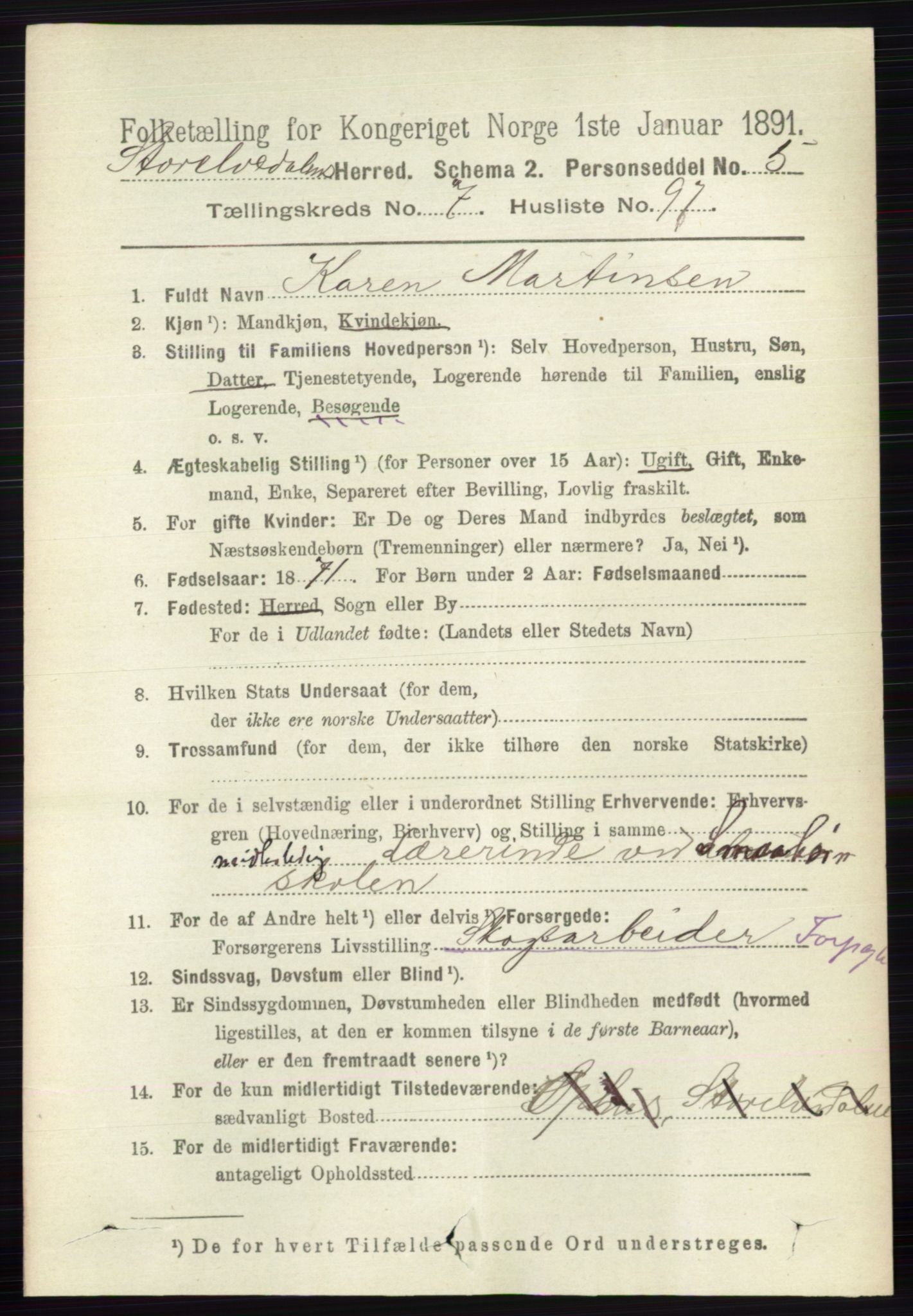 RA, 1891 census for 0430 Stor-Elvdal, 1891, p. 3404