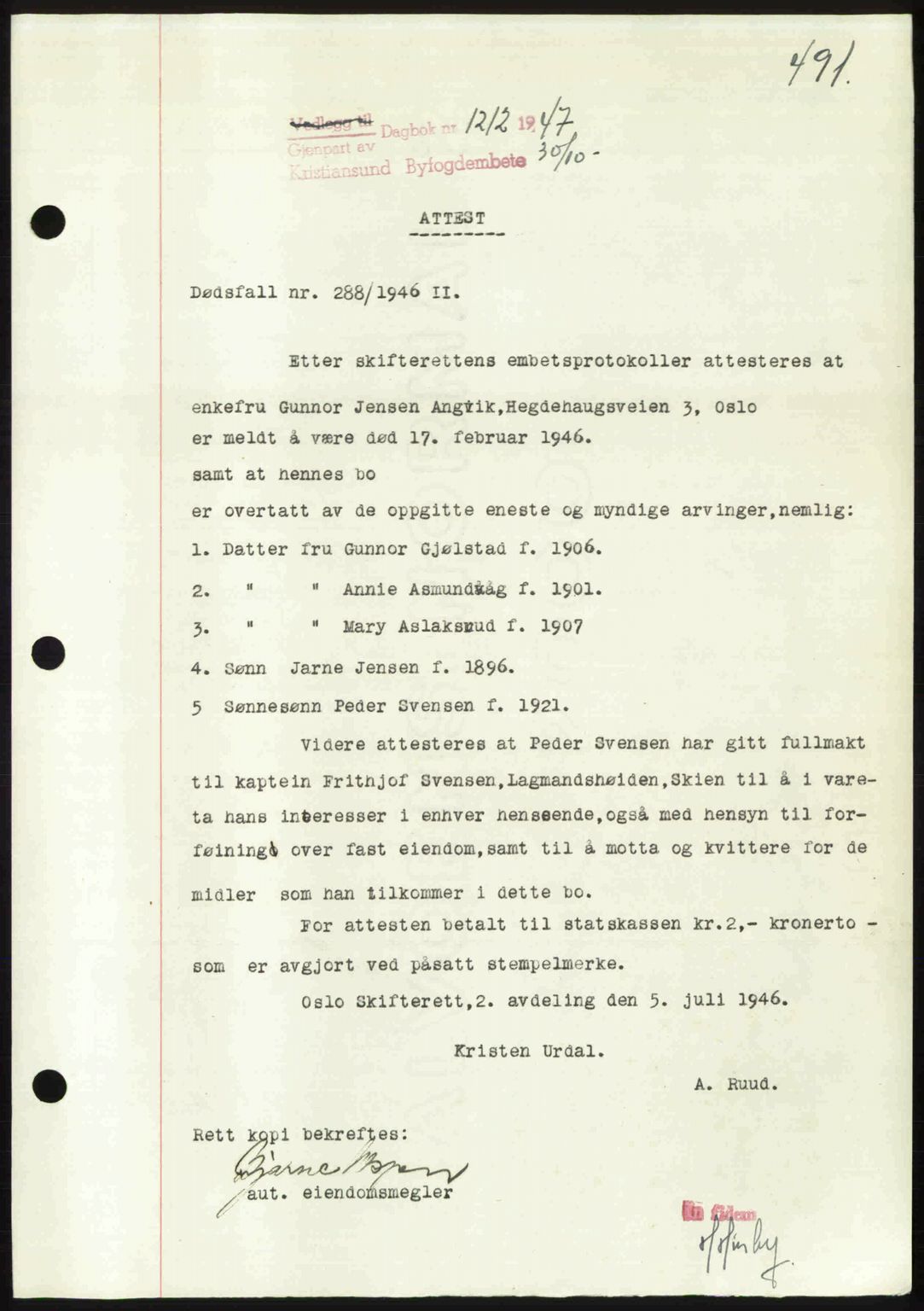 Kristiansund byfogd, AV/SAT-A-4587/A/27: Mortgage book no. 39b, 1946-1947, Diary no: : 1212/1947