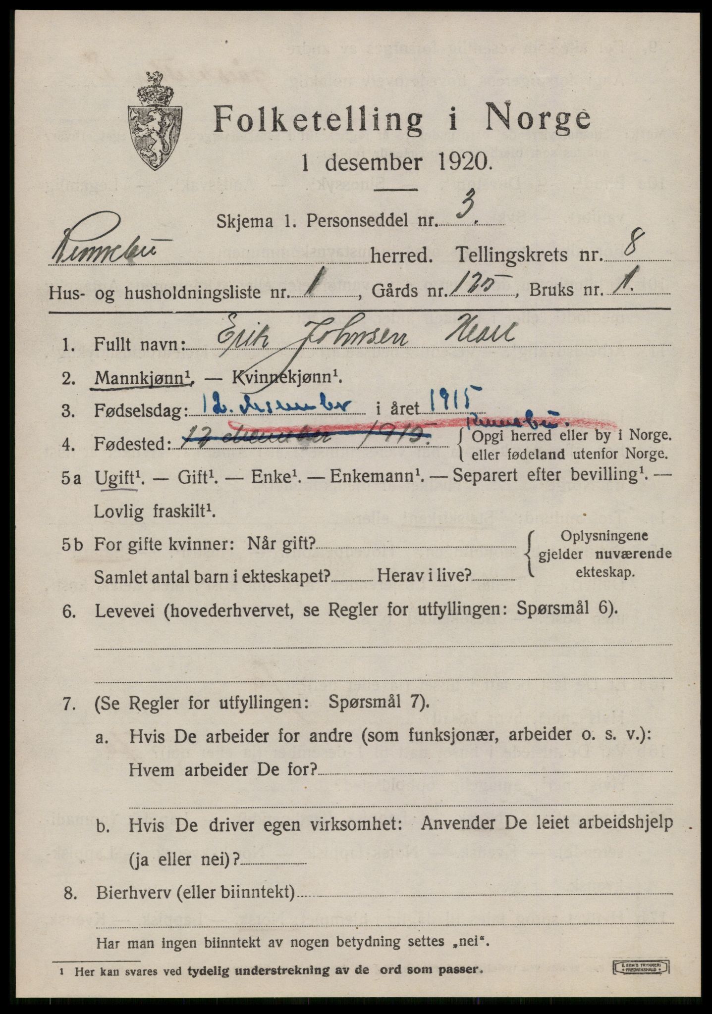 SAT, 1920 census for Rennebu, 1920, p. 5238