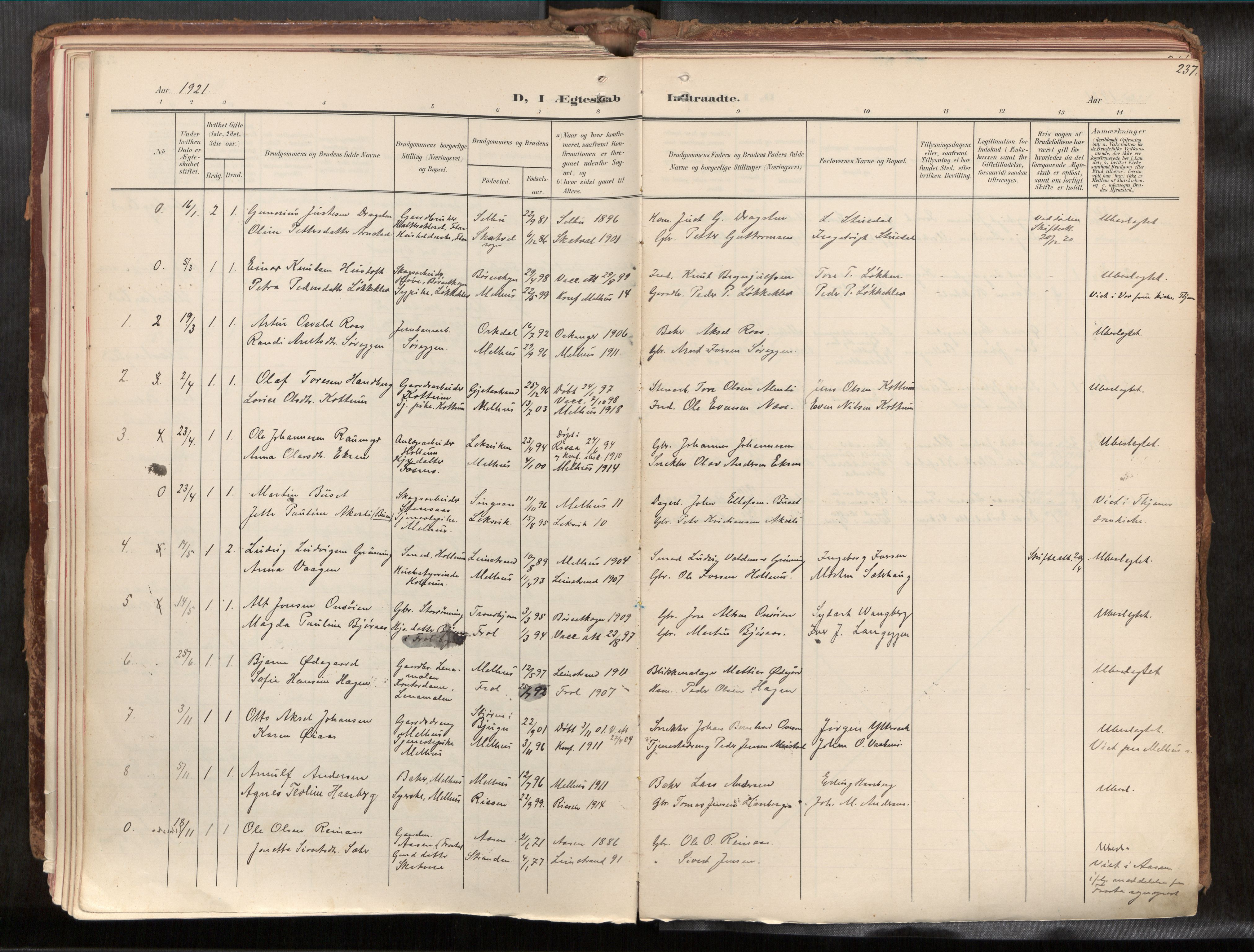 Ministerialprotokoller, klokkerbøker og fødselsregistre - Sør-Trøndelag, SAT/A-1456/691/L1085b: Parish register (official) no. 691A18, 1908-1930, p. 237