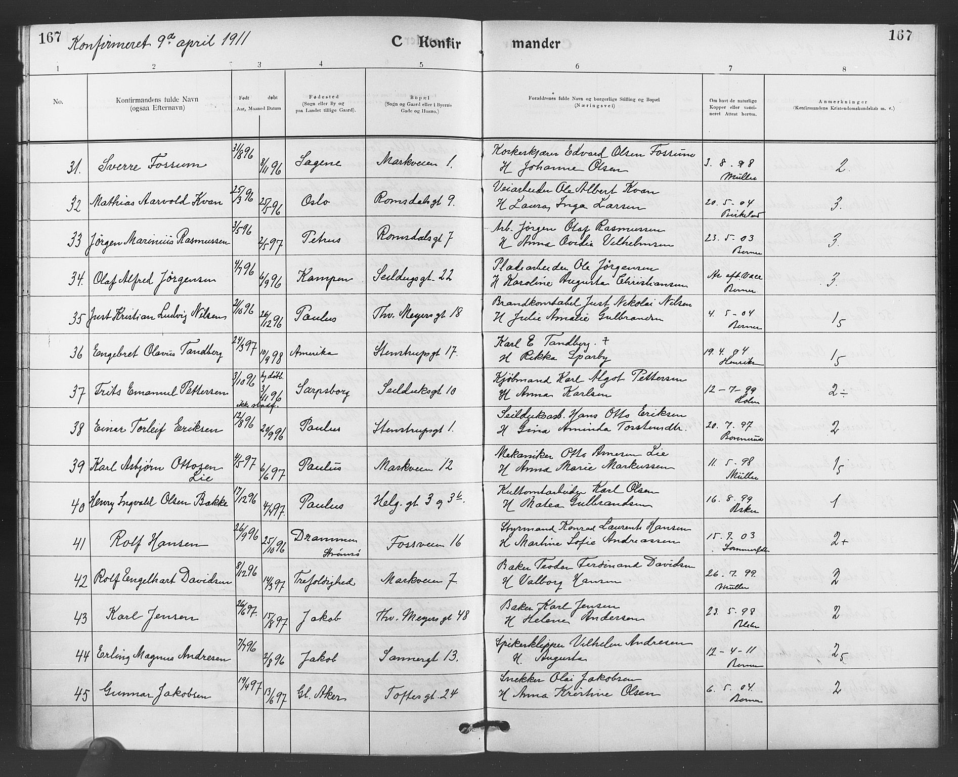 Paulus prestekontor Kirkebøker, AV/SAO-A-10871/F/Fa/L0008: Parish register (official) no. 8, 1904-1912, p. 167