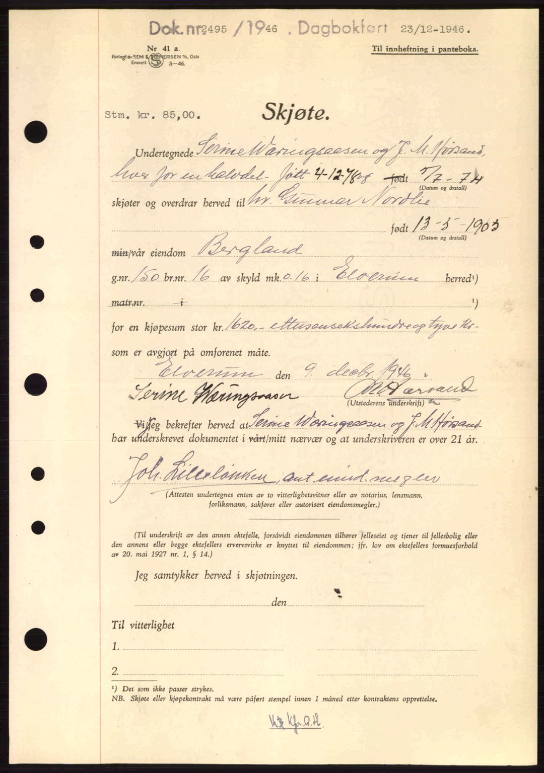 Sør-Østerdal sorenskriveri, AV/SAH-TING-018/H/Hb/Hbb/L0075: Mortgage book no. A75, 1946-1947, Diary no: : 2495/1946