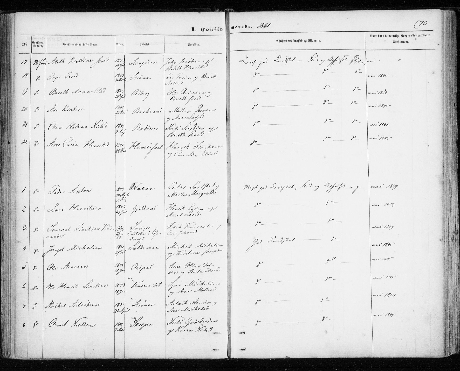 Skjervøy sokneprestkontor, SATØ/S-1300/H/Ha/Haa/L0011kirke: Parish register (official) no. 11, 1861-1877, p. 70
