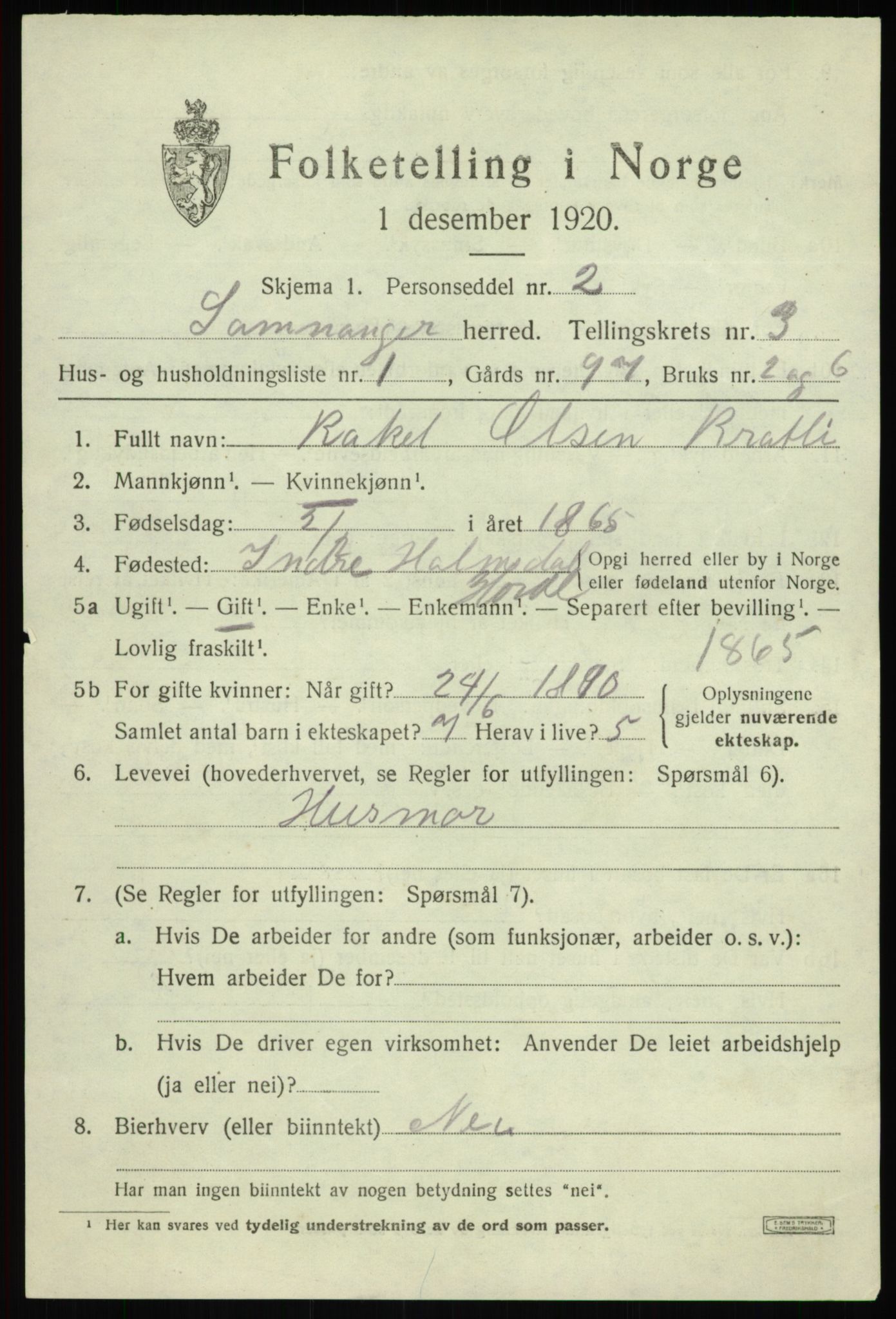 SAB, 1920 census for Samnanger, 1920, p. 1499