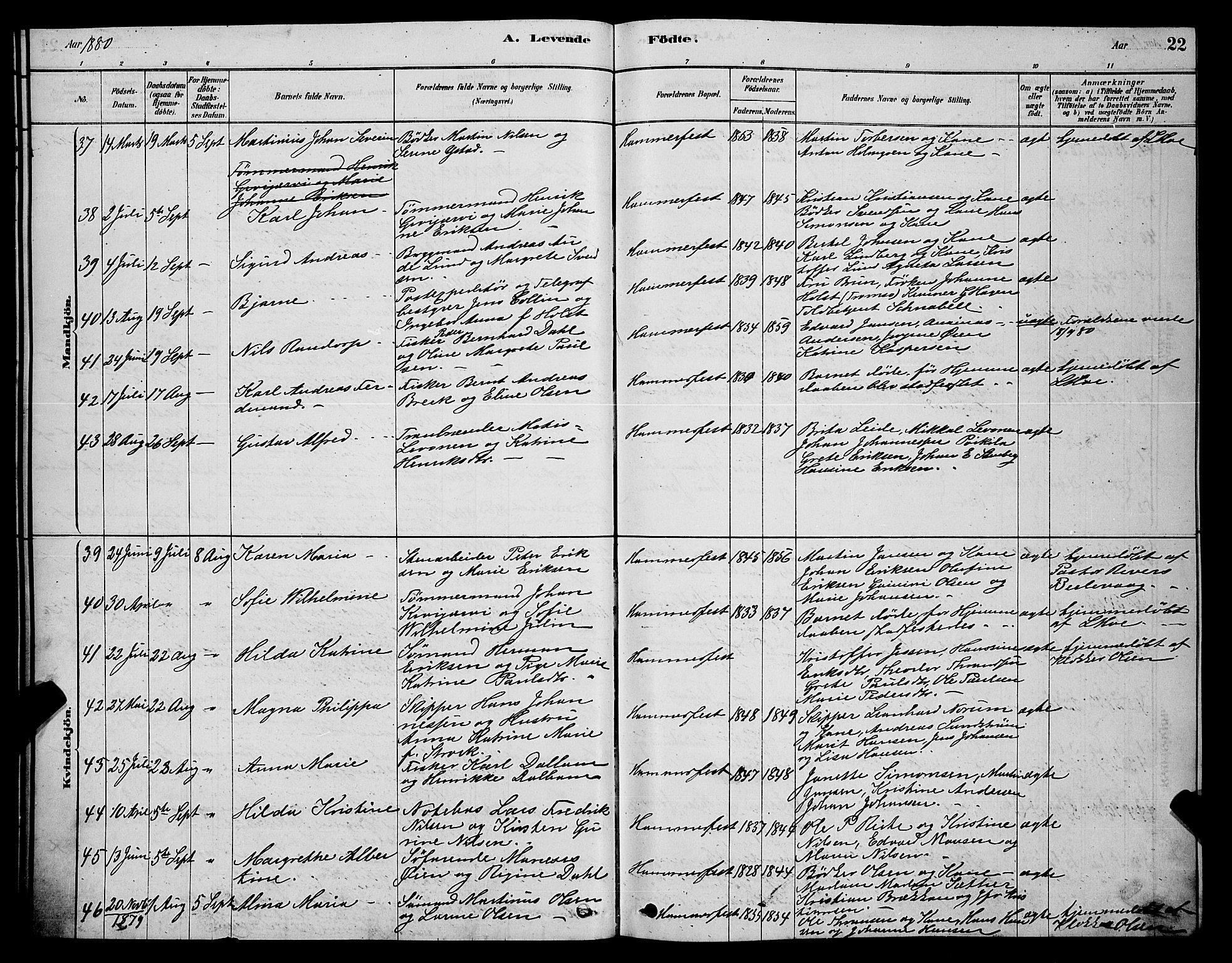 Hammerfest sokneprestkontor, AV/SATØ-S-1347/H/Hb/L0006.klokk: Parish register (copy) no. 6, 1876-1884, p. 22