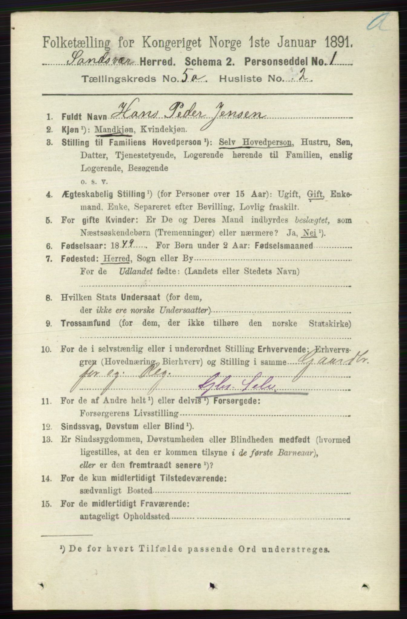 RA, 1891 census for 0629 Sandsvær, 1891, p. 2482