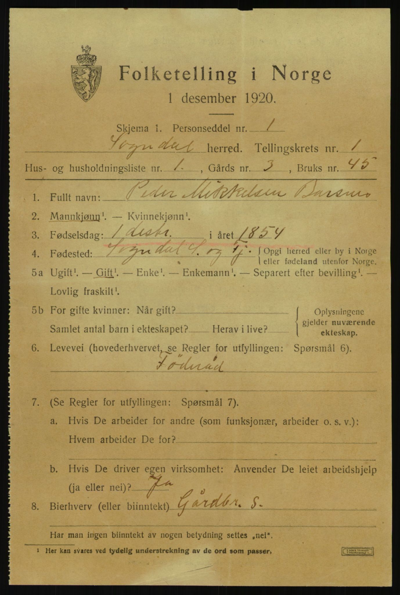 SAB, 1920 census for Sogndal, 1920, p. 1303