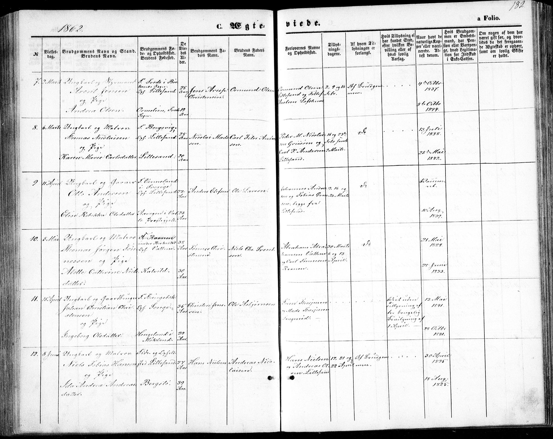 Vestre Moland sokneprestkontor, AV/SAK-1111-0046/F/Fb/Fbb/L0004: Parish register (copy) no. B 4, 1861-1872, p. 182