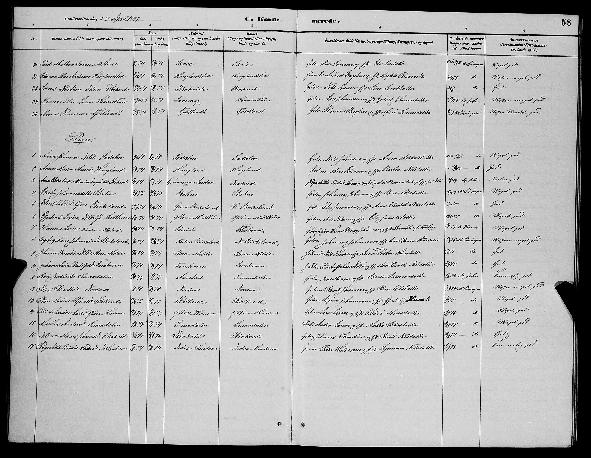 Fana Sokneprestembete, AV/SAB-A-75101/H/Hab/Haba/L0002: Parish register (copy) no. A 2, 1889-1895, p. 58