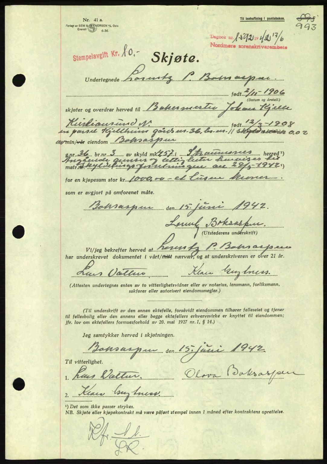 Nordmøre sorenskriveri, AV/SAT-A-4132/1/2/2Ca: Mortgage book no. A92, 1942-1942, Diary no: : 1592/1942