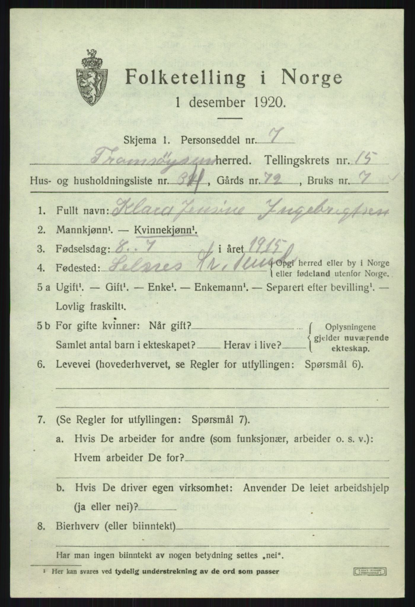 SATØ, 1920 census for Tromsøysund, 1920, p. 9376