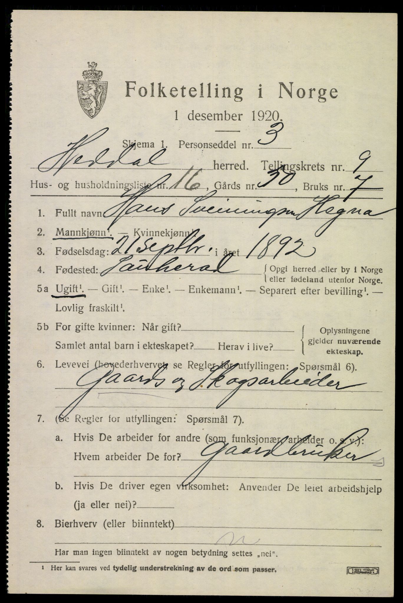 SAKO, 1920 census for Heddal, 1920, p. 6766