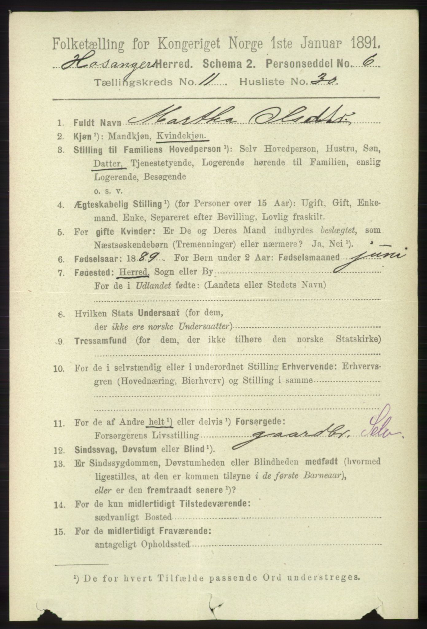 RA, 1891 census for 1253 Hosanger, 1891, p. 3955