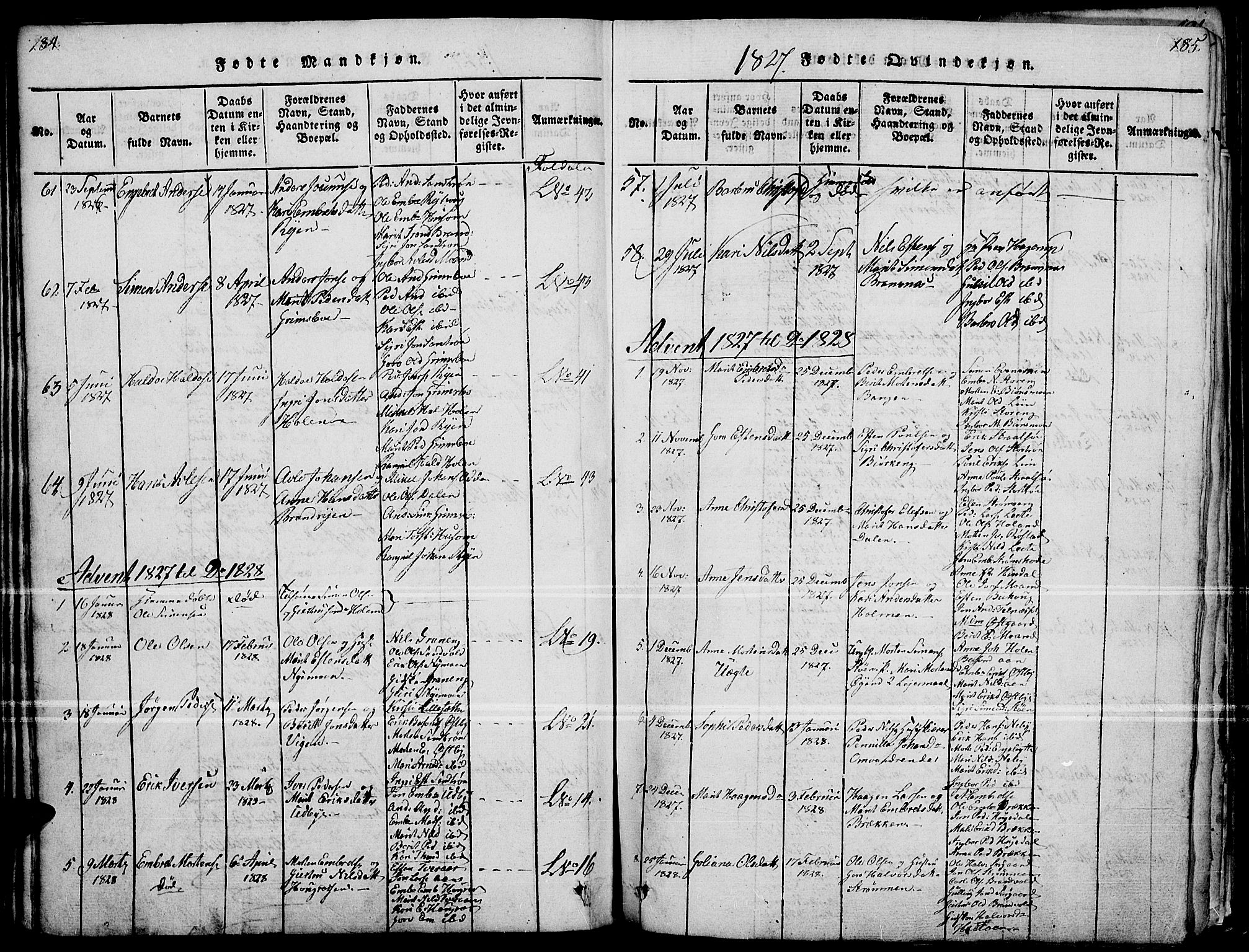 Tynset prestekontor, AV/SAH-PREST-058/H/Ha/Haa/L0018: Parish register (official) no. 18, 1815-1829, p. 184-185