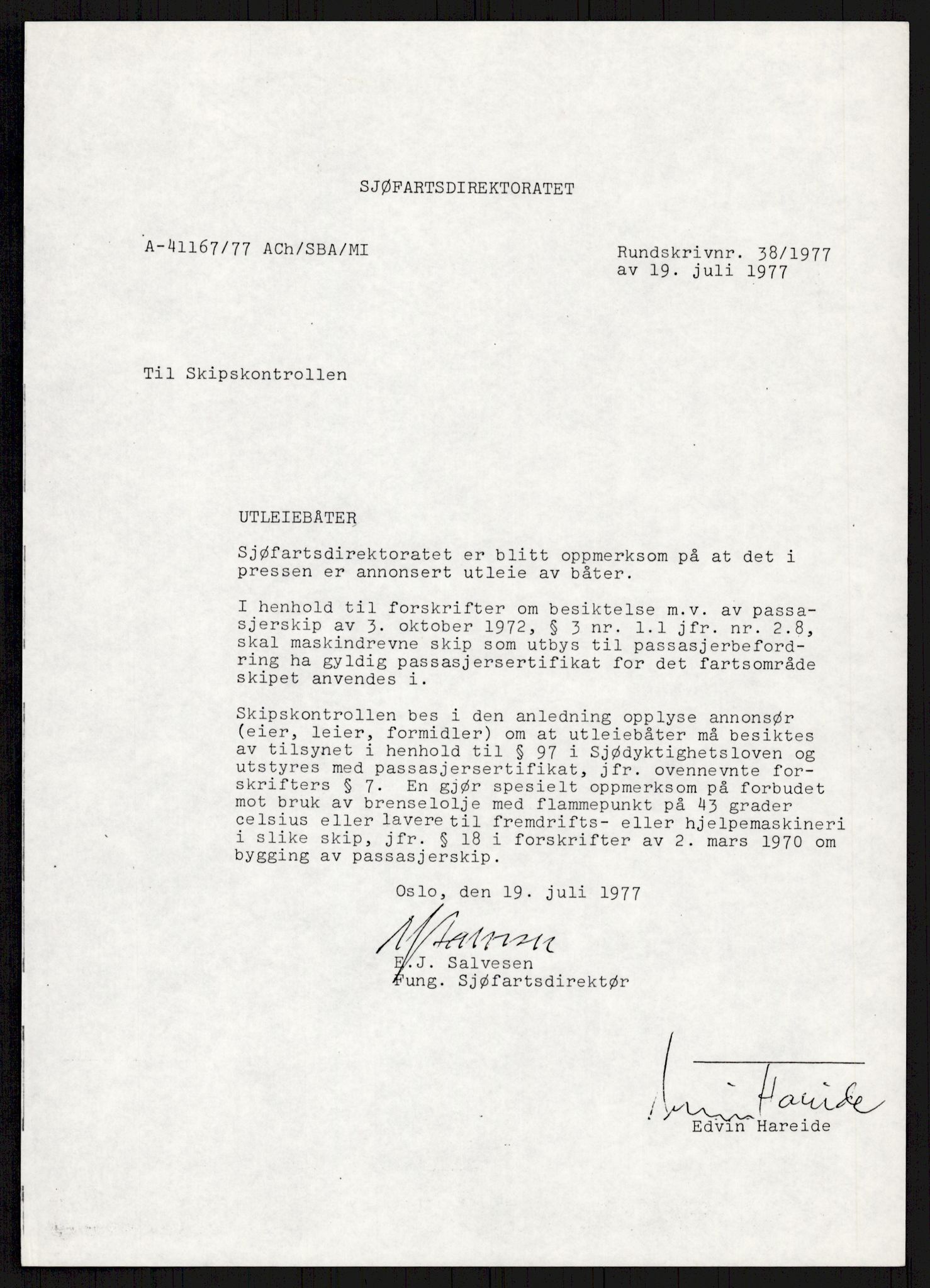 Sjøfartsdirektoratet med forløpere, generelt arkiv, AV/RA-S-1407/D/Du/Duc/L0641/0004: Skipskontrollen - Forskrifter    / Utleiebåter (2 mapper), 1977-1989, p. 77