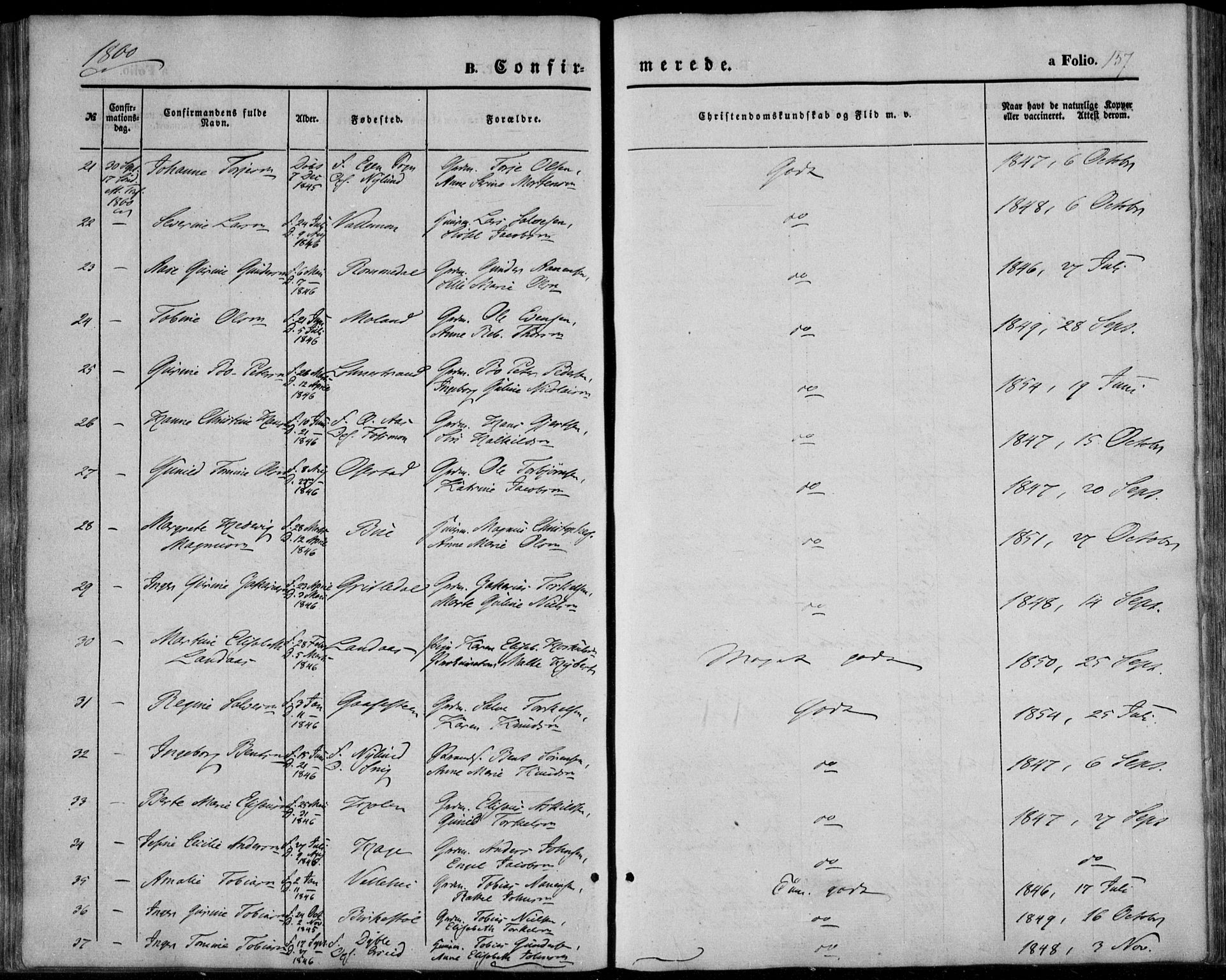 Sør-Audnedal sokneprestkontor, AV/SAK-1111-0039/F/Fa/Fab/L0007: Parish register (official) no. A 7, 1855-1876, p. 157