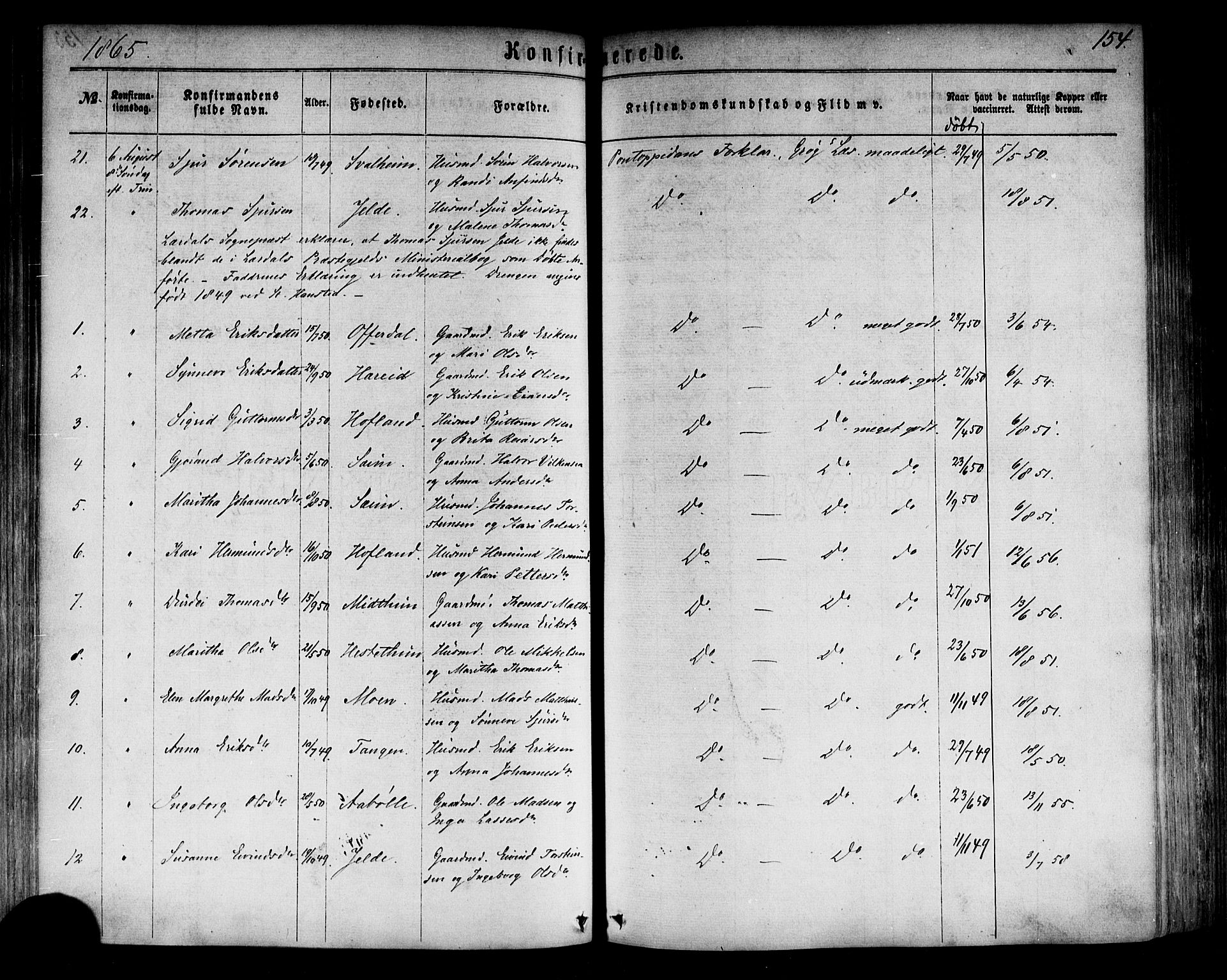 Årdal sokneprestembete, SAB/A-81701: Parish register (official) no. A 3, 1863-1886, p. 154