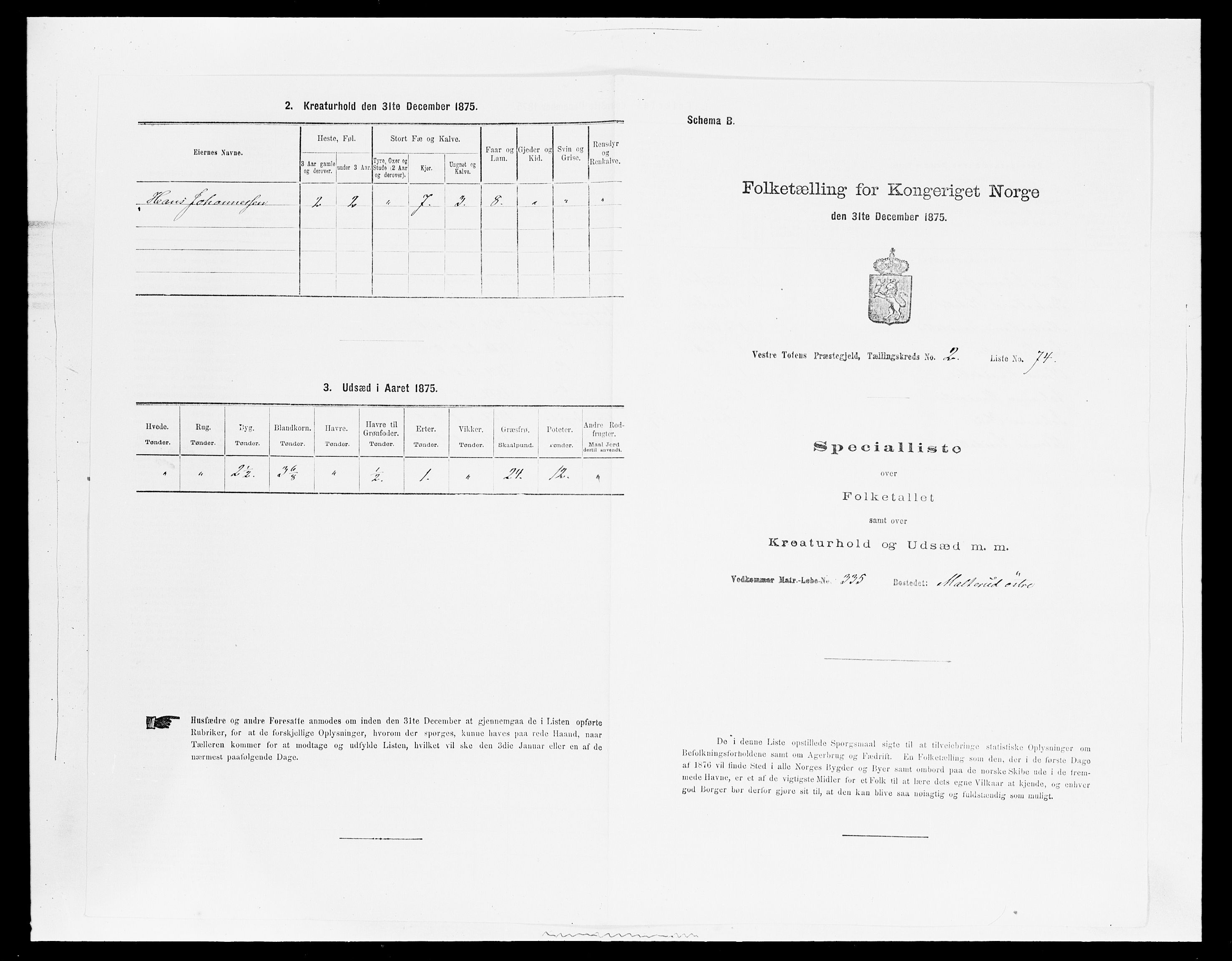 SAH, 1875 census for 0529P Vestre Toten, 1875, p. 576