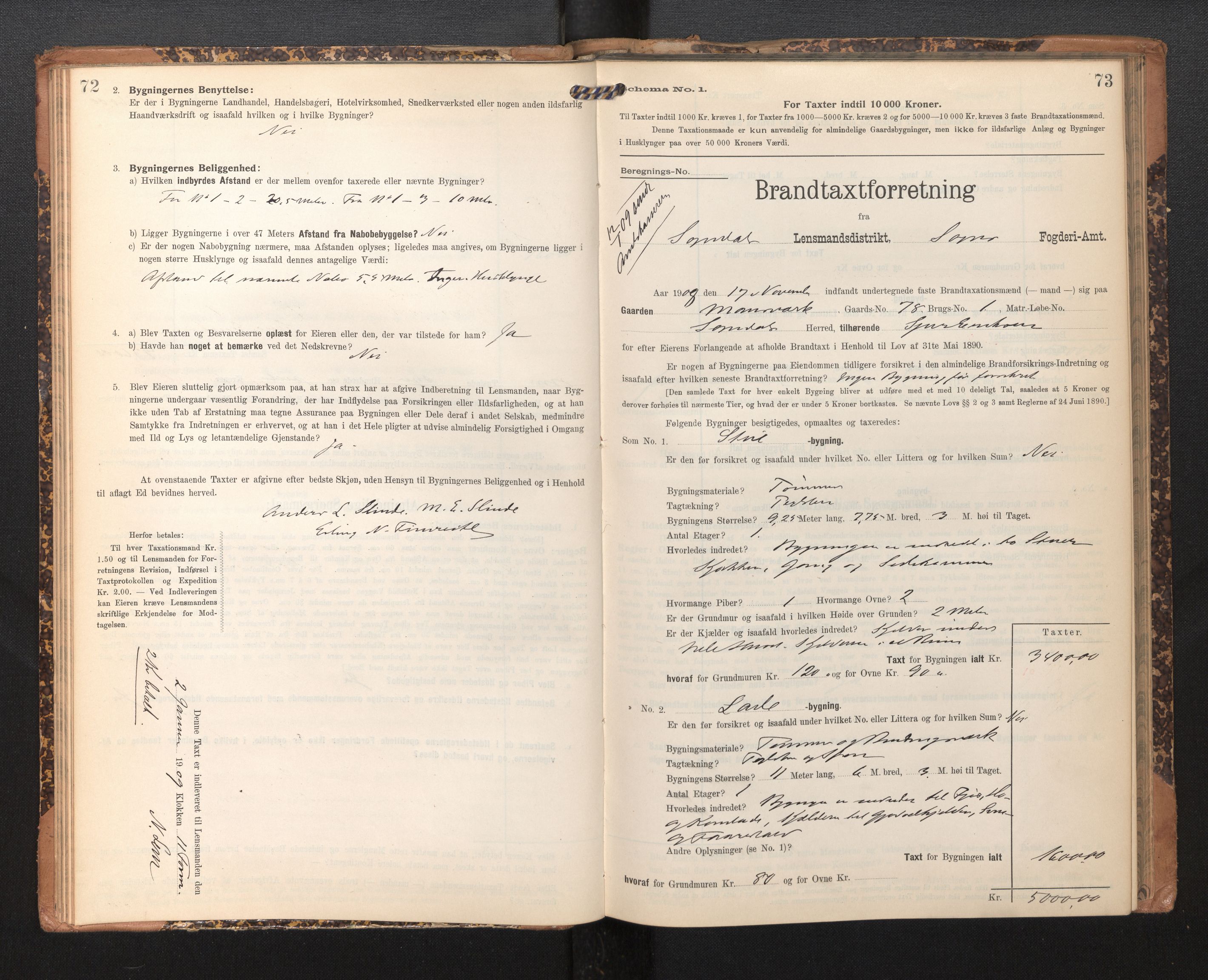 Lensmannen i Sogndal, AV/SAB-A-29901/0012/L0010: Branntakstprotokoll, skjematakst, 1907-1914, p. 72-73