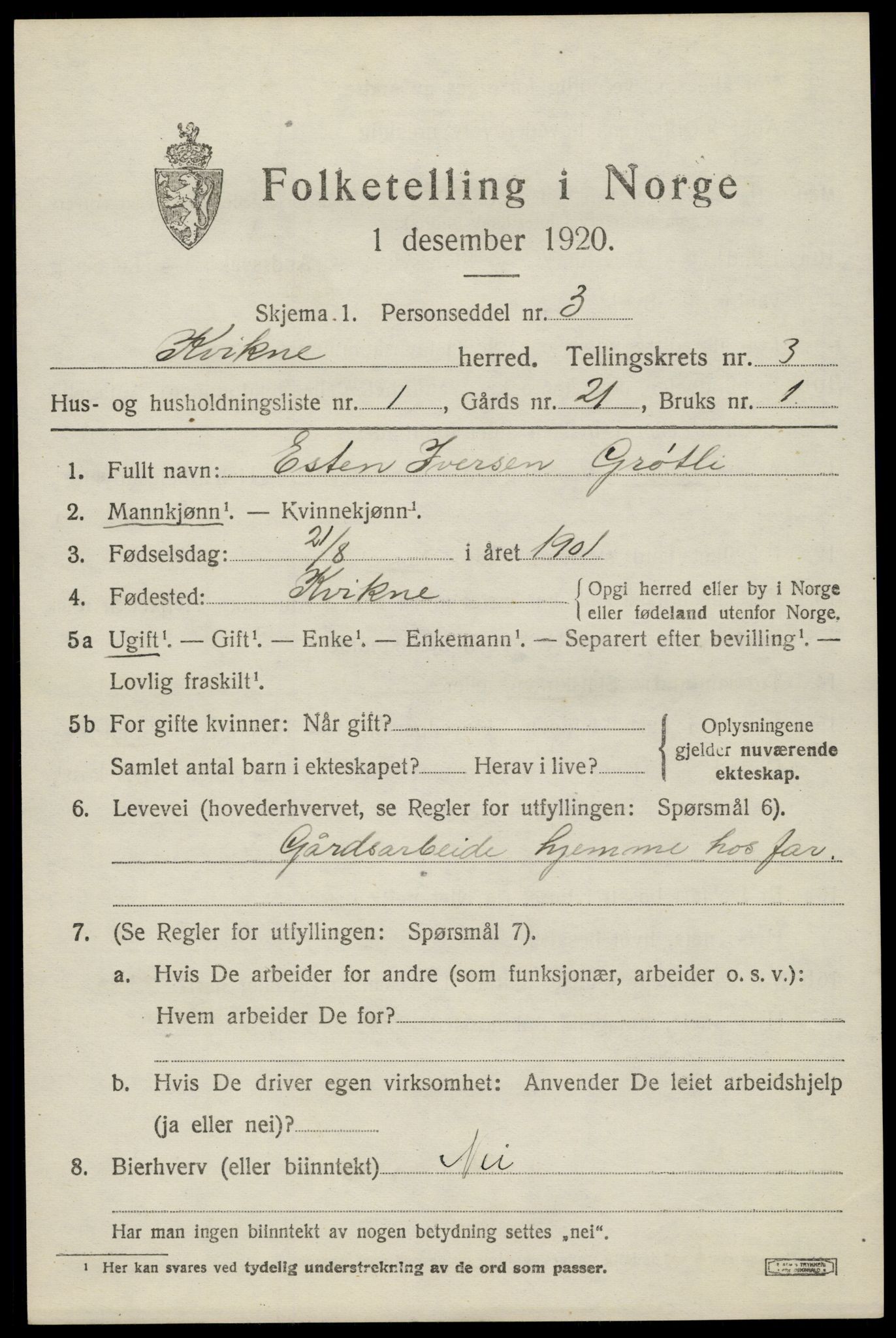 SAH, 1920 census for Kvikne, 1920, p. 1272