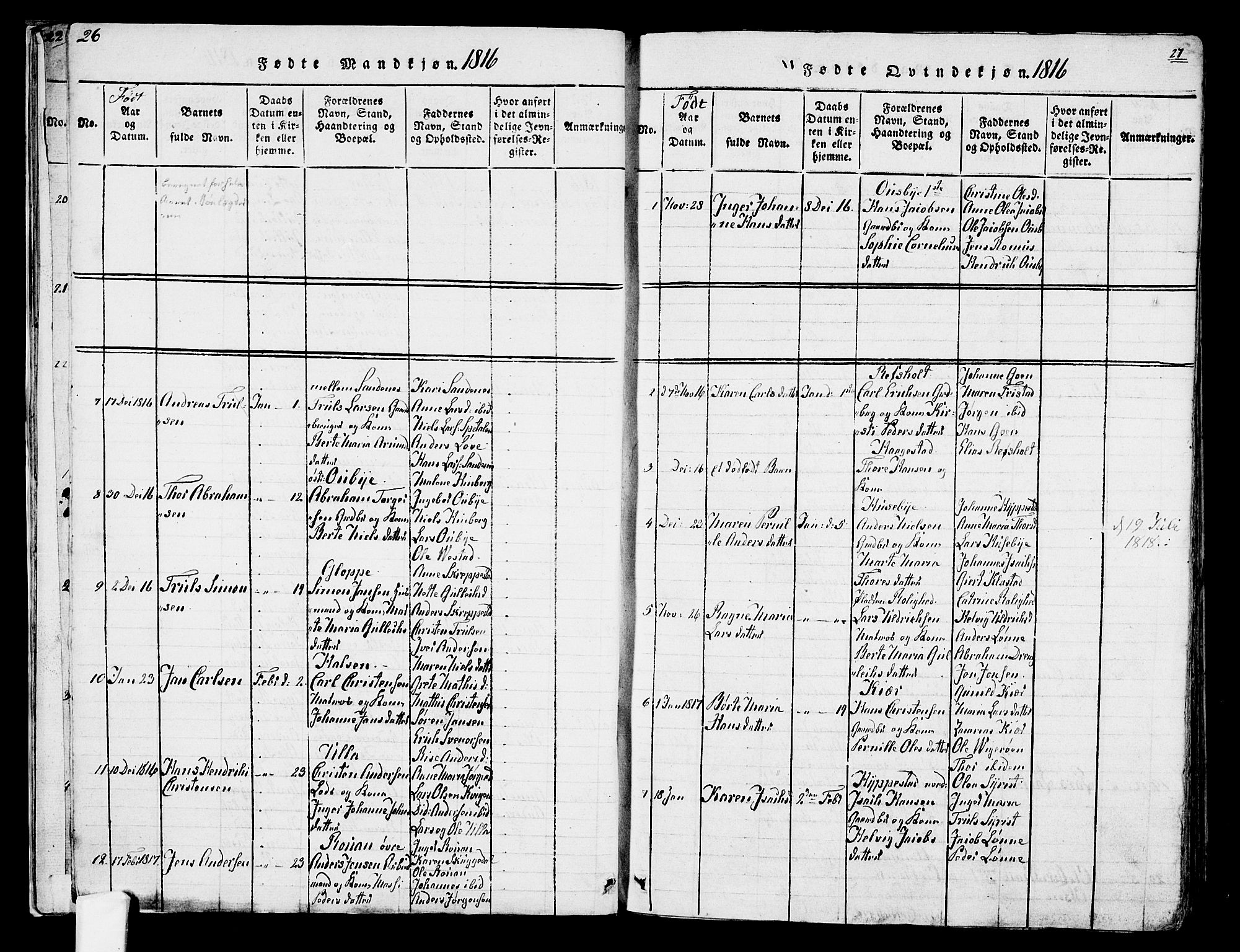 Tjølling kirkebøker, SAKO/A-60/F/Fa/L0005: Parish register (official) no. 5, 1814-1836, p. 26-27