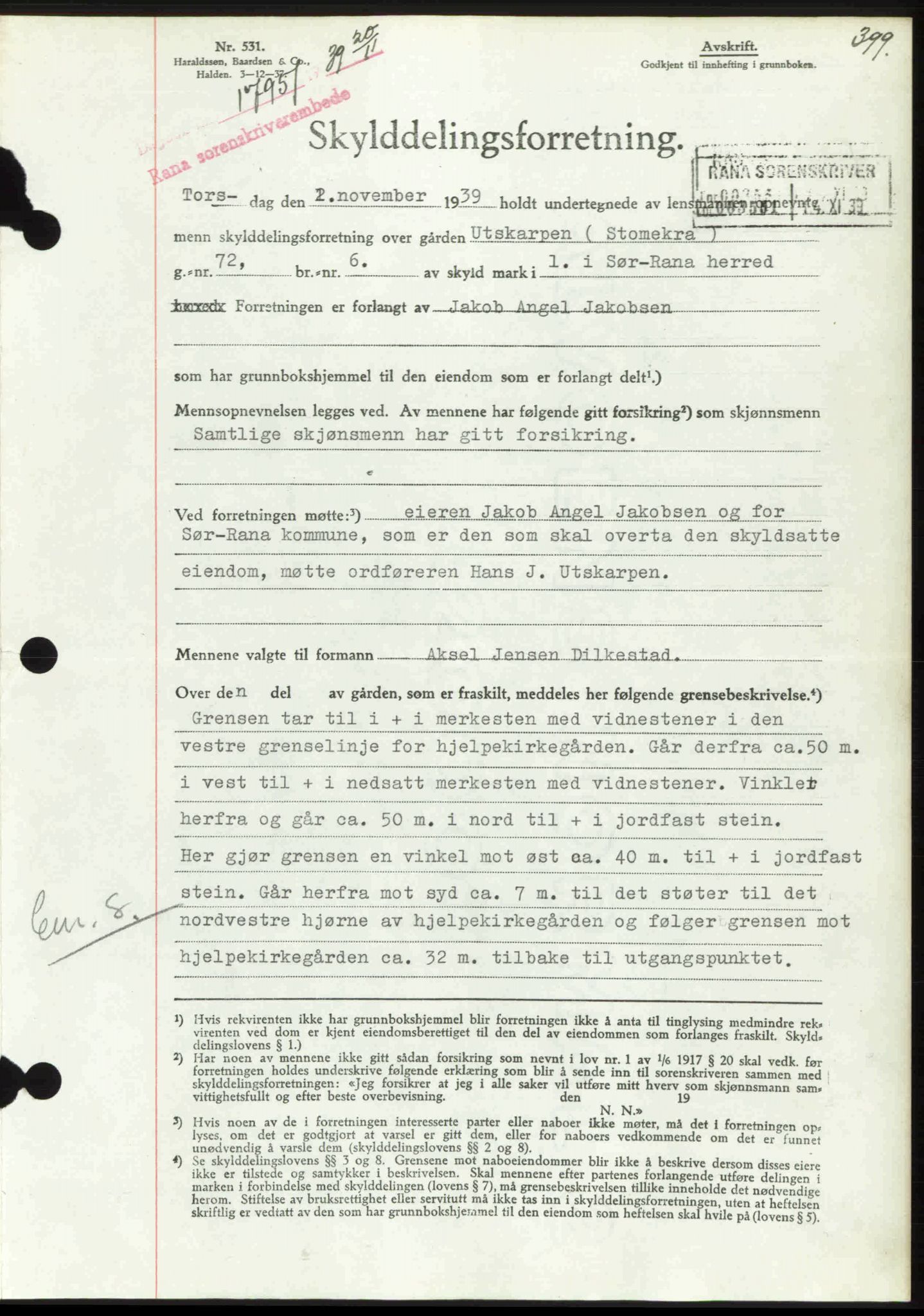 Rana sorenskriveri , SAT/A-1108/1/2/2C: Mortgage book no. A 6, 1939-1940, Diary no: : 1795/1939