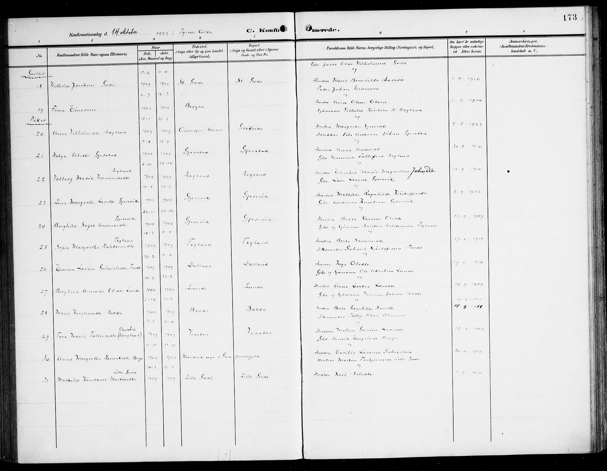 Tysnes sokneprestembete, AV/SAB-A-78601/H/Haa: Parish register (official) no. B 2, 1907-1925, p. 173