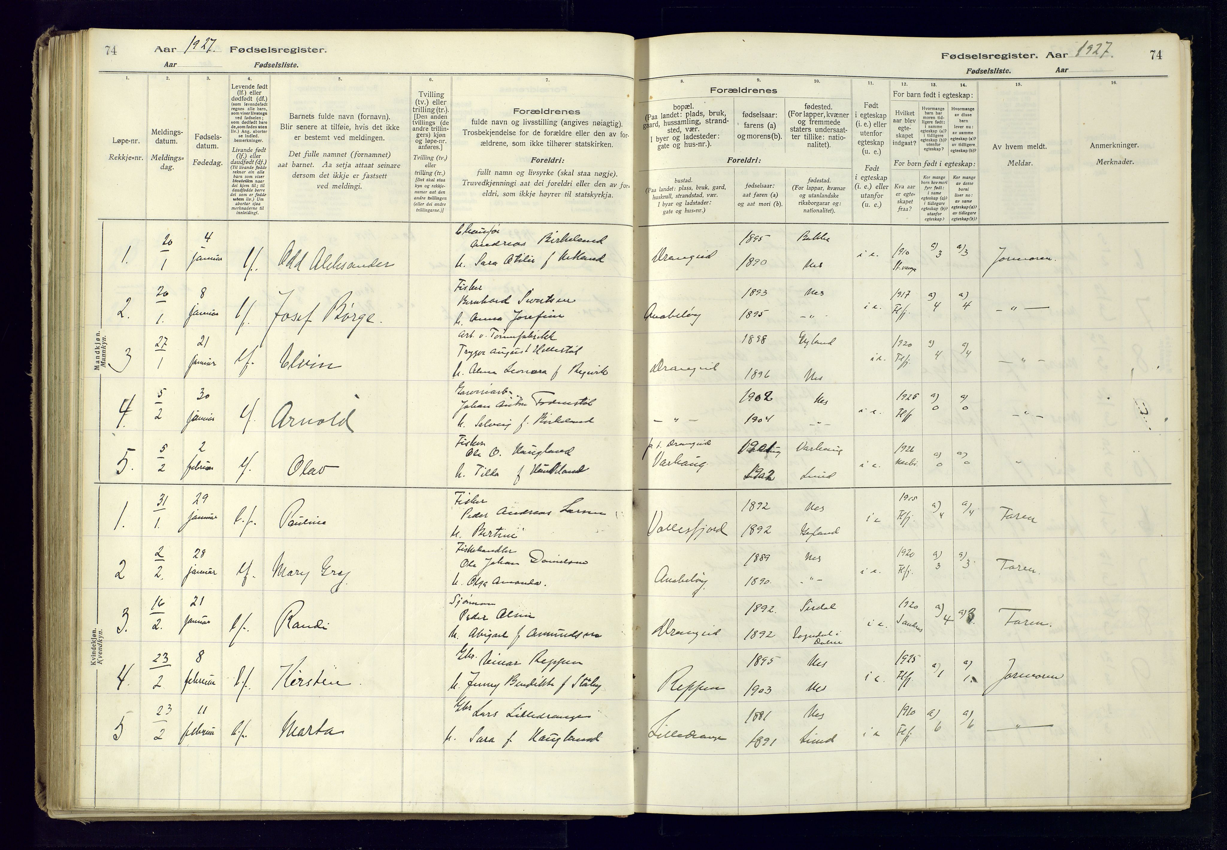 Flekkefjord sokneprestkontor, SAK/1111-0012/J/Ja/L0005: Birth register no. 5, 1916-1950, p. 74