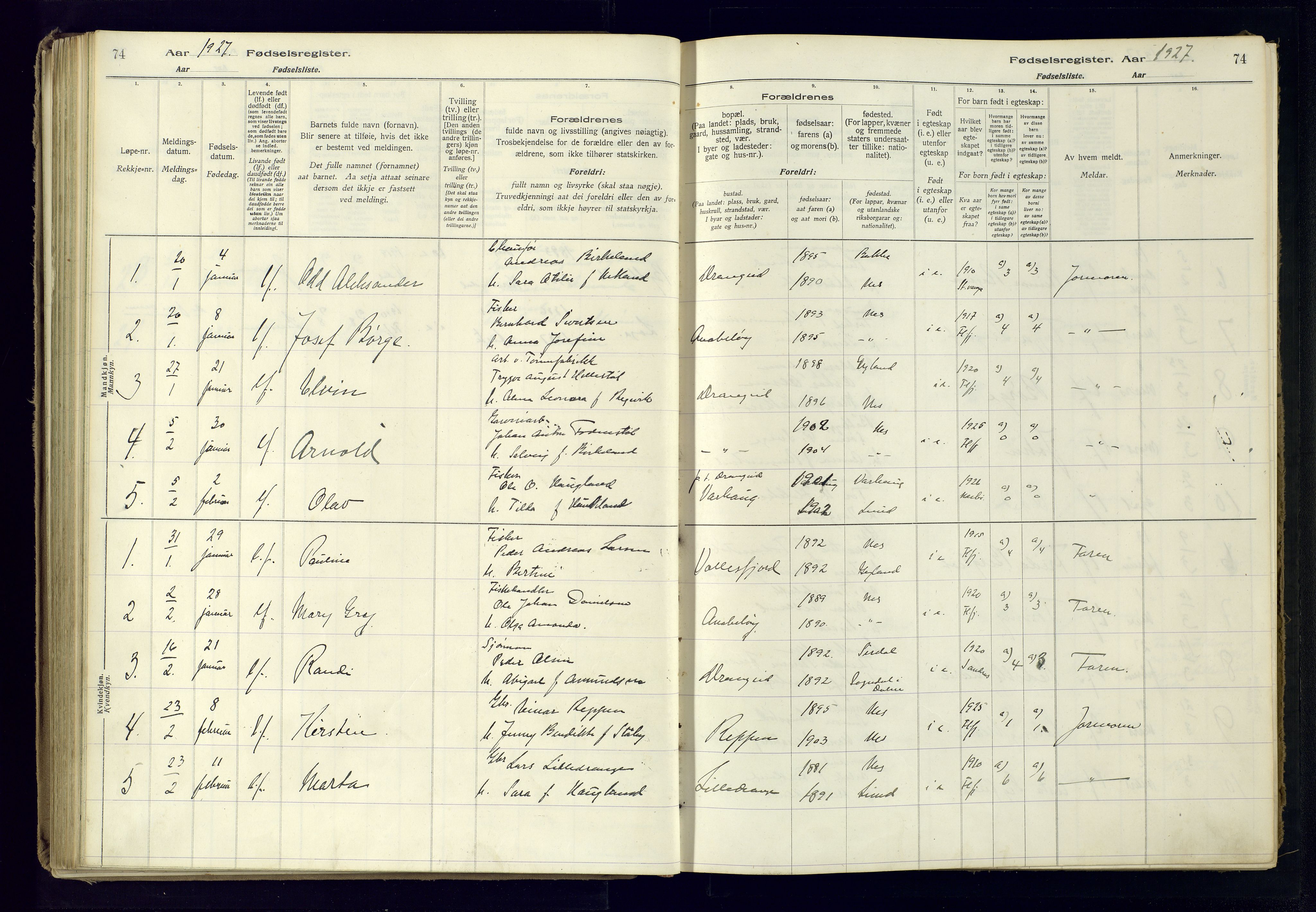 Flekkefjord sokneprestkontor, AV/SAK-1111-0012/J/Ja/L0005: Birth register no. 5, 1916-1950, p. 74