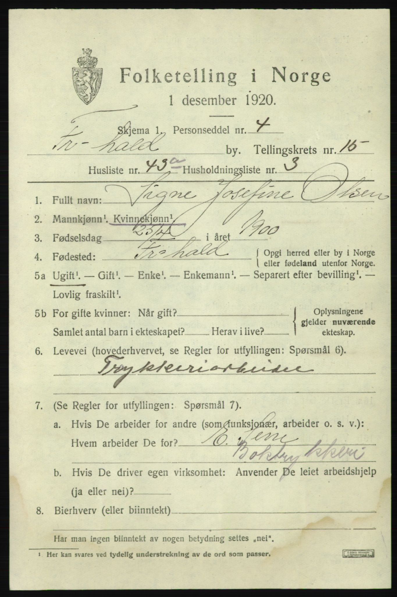 SAO, 1920 census for Fredrikshald, 1920, p. 24214