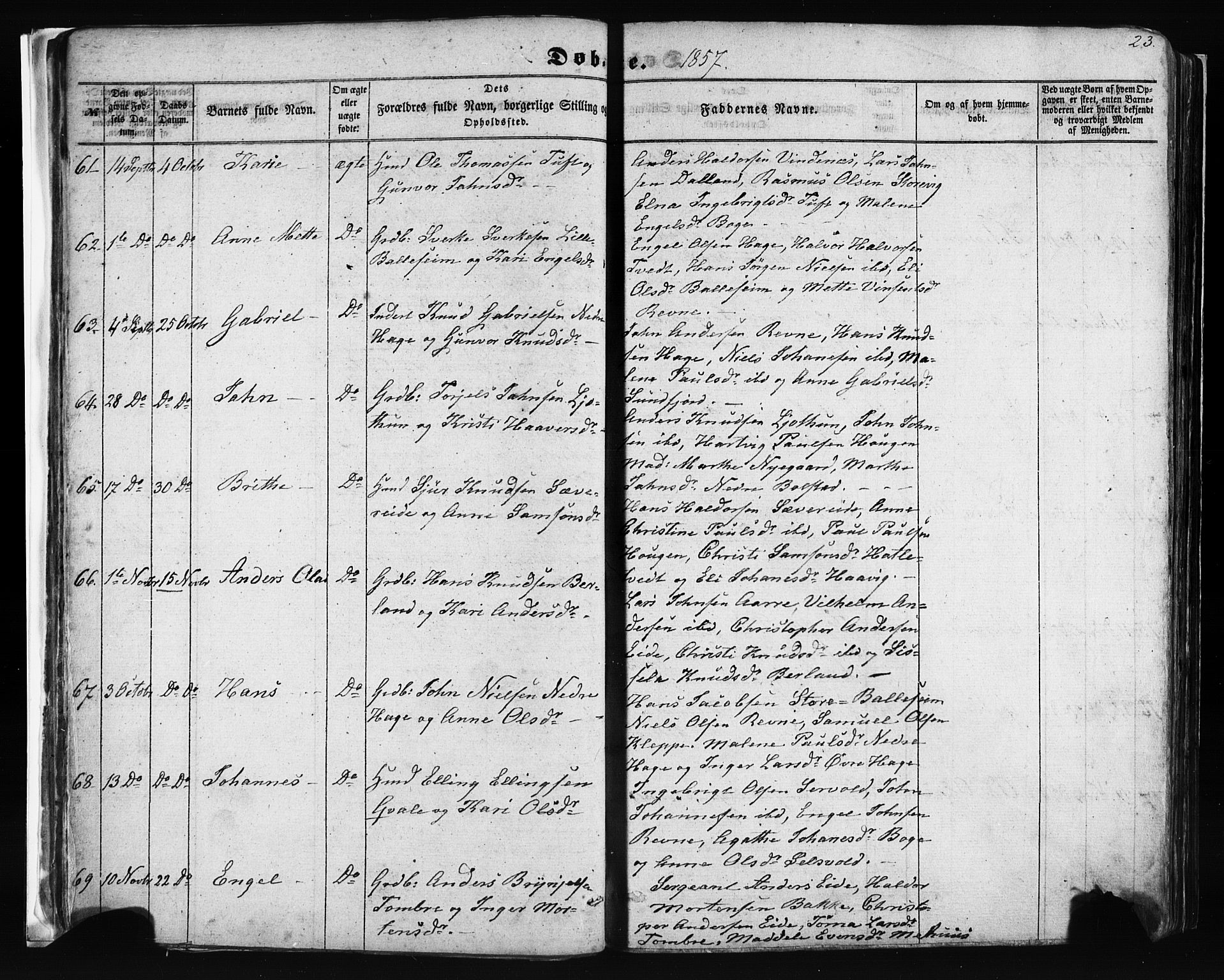 Fusa sokneprestembete, AV/SAB-A-75401/H/Haa: Parish register (official) no. A 1I, 1855-1879, p. 23