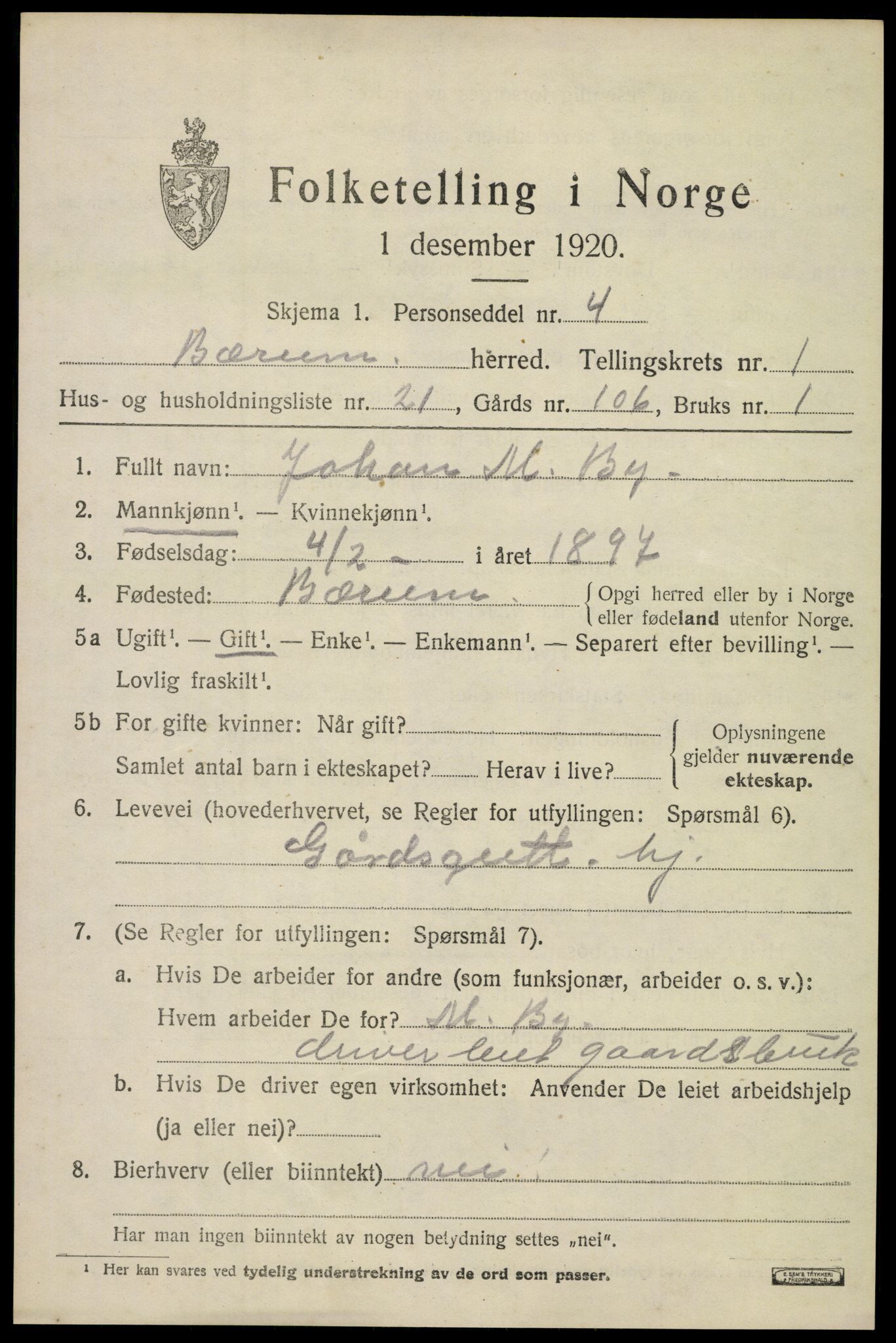 SAO, 1920 census for Bærum, 1920, p. 5394