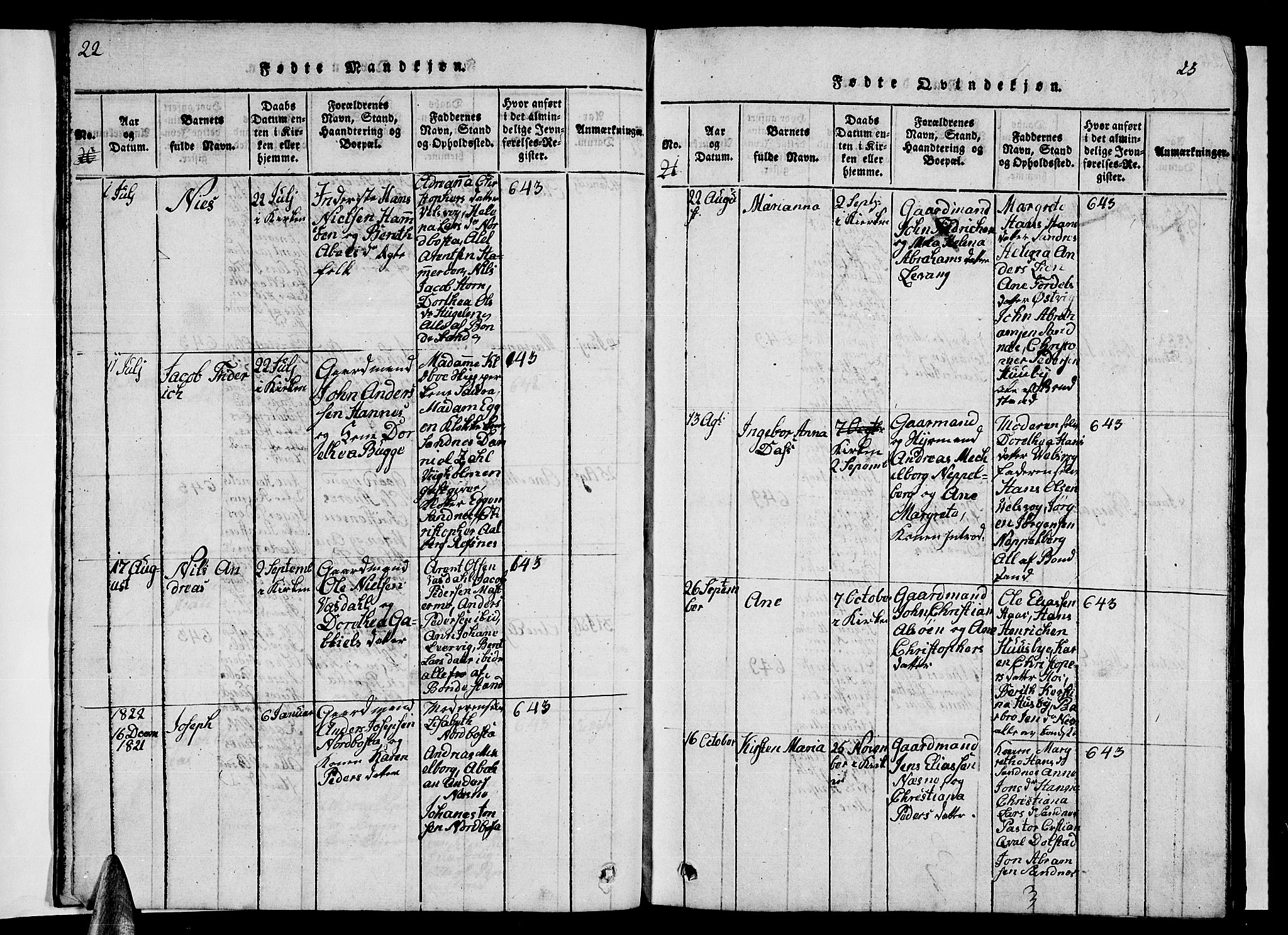 Ministerialprotokoller, klokkerbøker og fødselsregistre - Nordland, AV/SAT-A-1459/838/L0554: Parish register (copy) no. 838C01, 1820-1828, p. 22-23