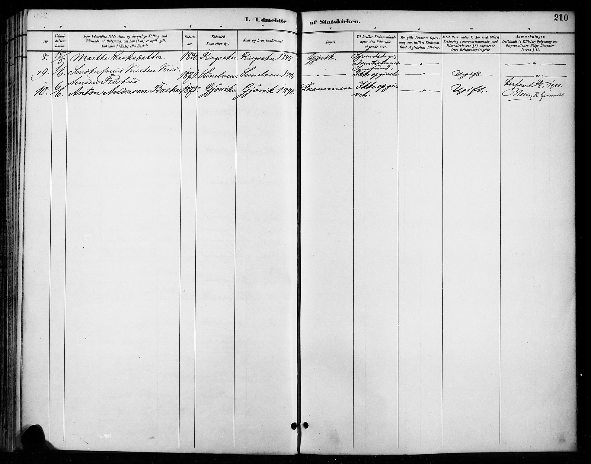 Vardal prestekontor, SAH/PREST-100/H/Ha/Haa/L0011: Parish register (official) no. 11, 1891-1901, p. 210