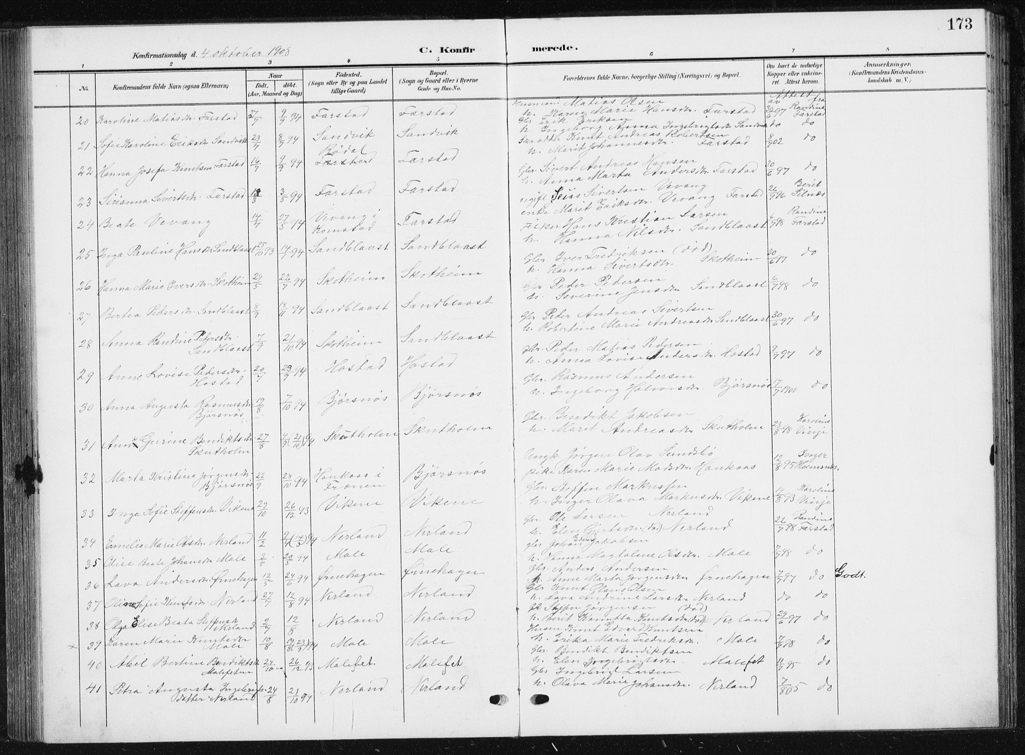 Ministerialprotokoller, klokkerbøker og fødselsregistre - Møre og Romsdal, AV/SAT-A-1454/567/L0784: Parish register (copy) no. 567C04, 1903-1938, p. 173