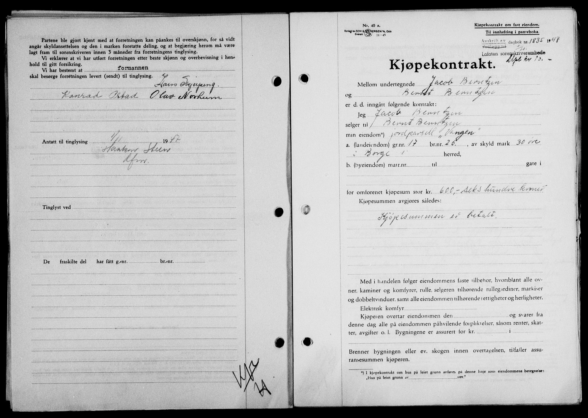 Lofoten sorenskriveri, SAT/A-0017/1/2/2C/L0017a: Mortgage book no. 17a, 1947-1948, Diary no: : 1835/1947