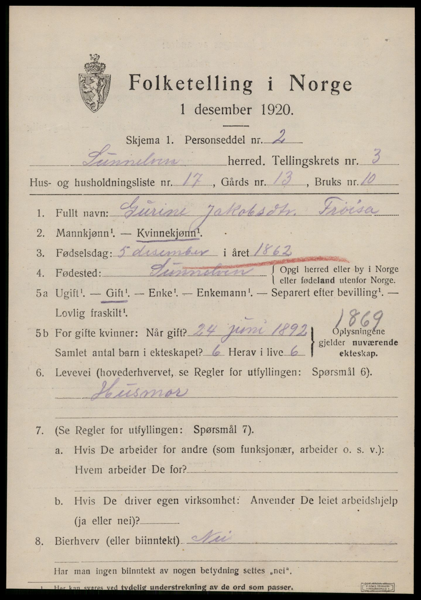 SAT, 1920 census for Sunnylven, 1920, p. 1880